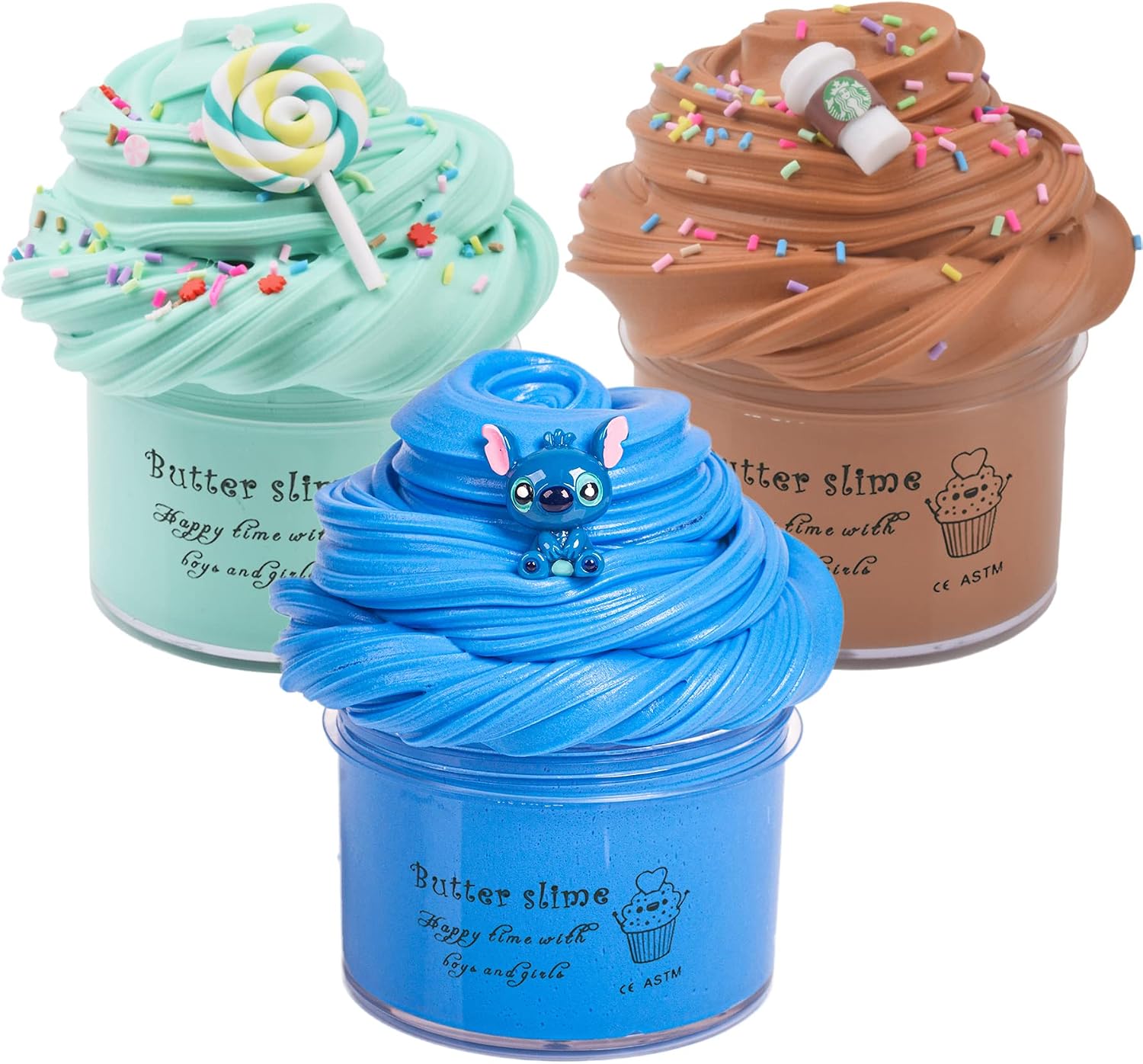 WUHUANIU Slime Kit with 3 Pack Butter Slimes,Candy Slime,Latte Slime and Blue Stitch Slime,Scented Slime Kit for Girls and Boys,Super Soft and Non Sticky DIY Surprise Slime
