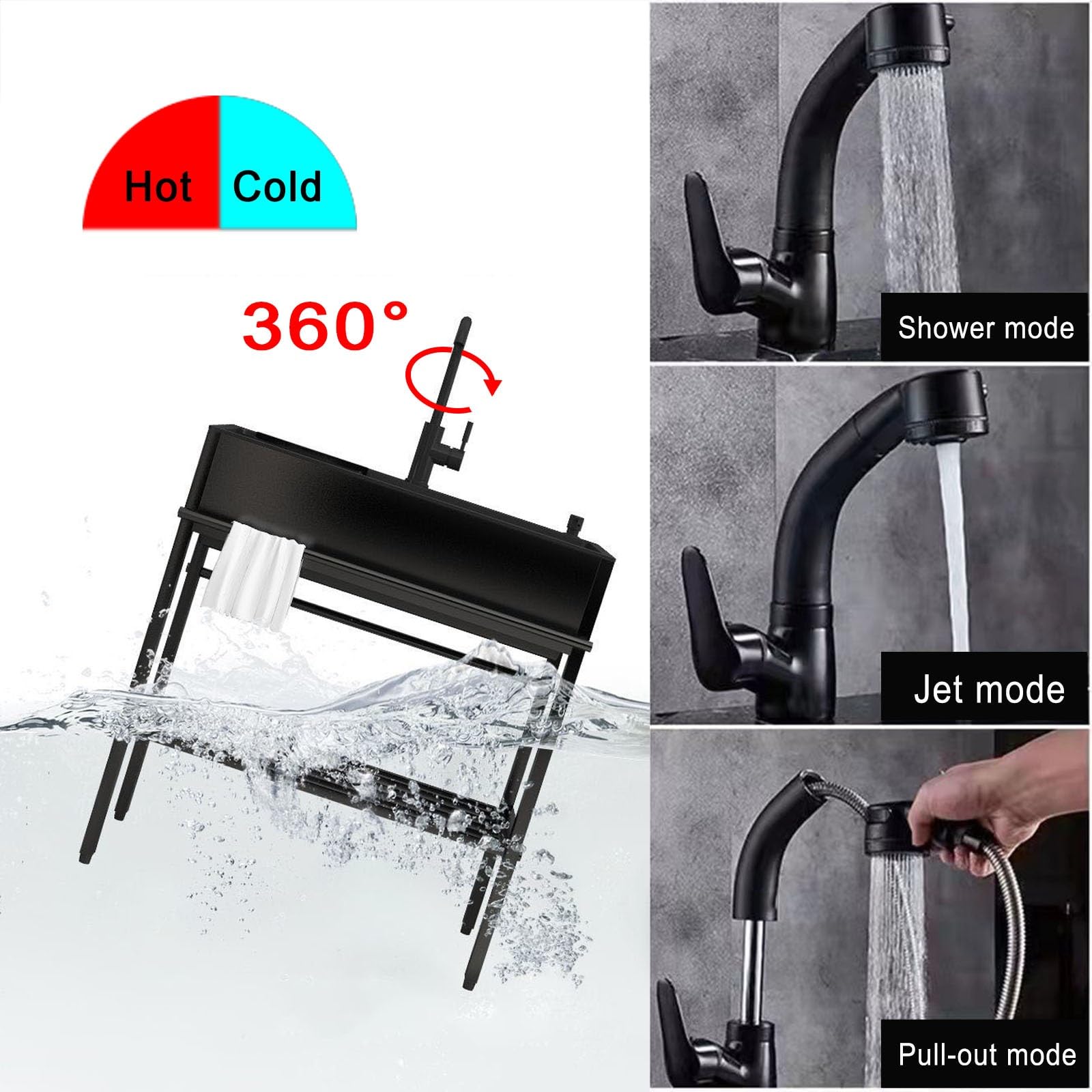 Küchenspüle Edelstahlspüle Spülbecken Freistehendes Badezimmerspüle Schwarz Wäschereispüle Set Mit 360° Drehbare Wasserhahn Und Teleskop-Abtropfgestell, Spülbecken Mit Seifenspender