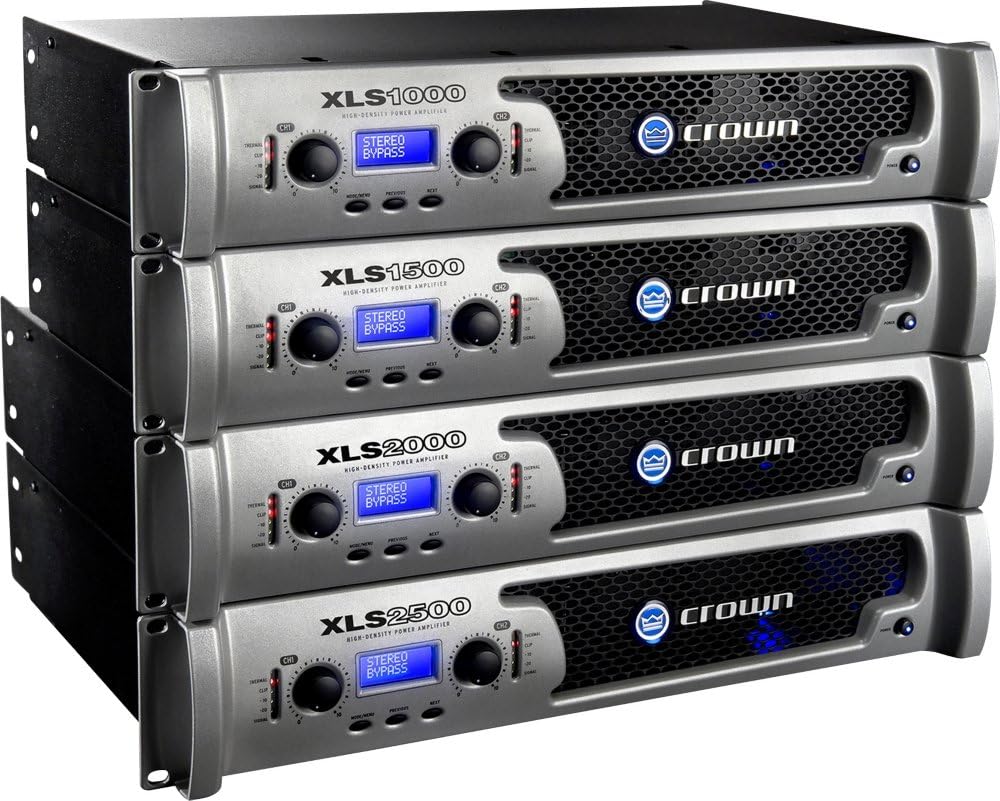 Rear panel of the Crown XLS2000 amplifier showing input and output connections, power inlet, and ventilation fan.