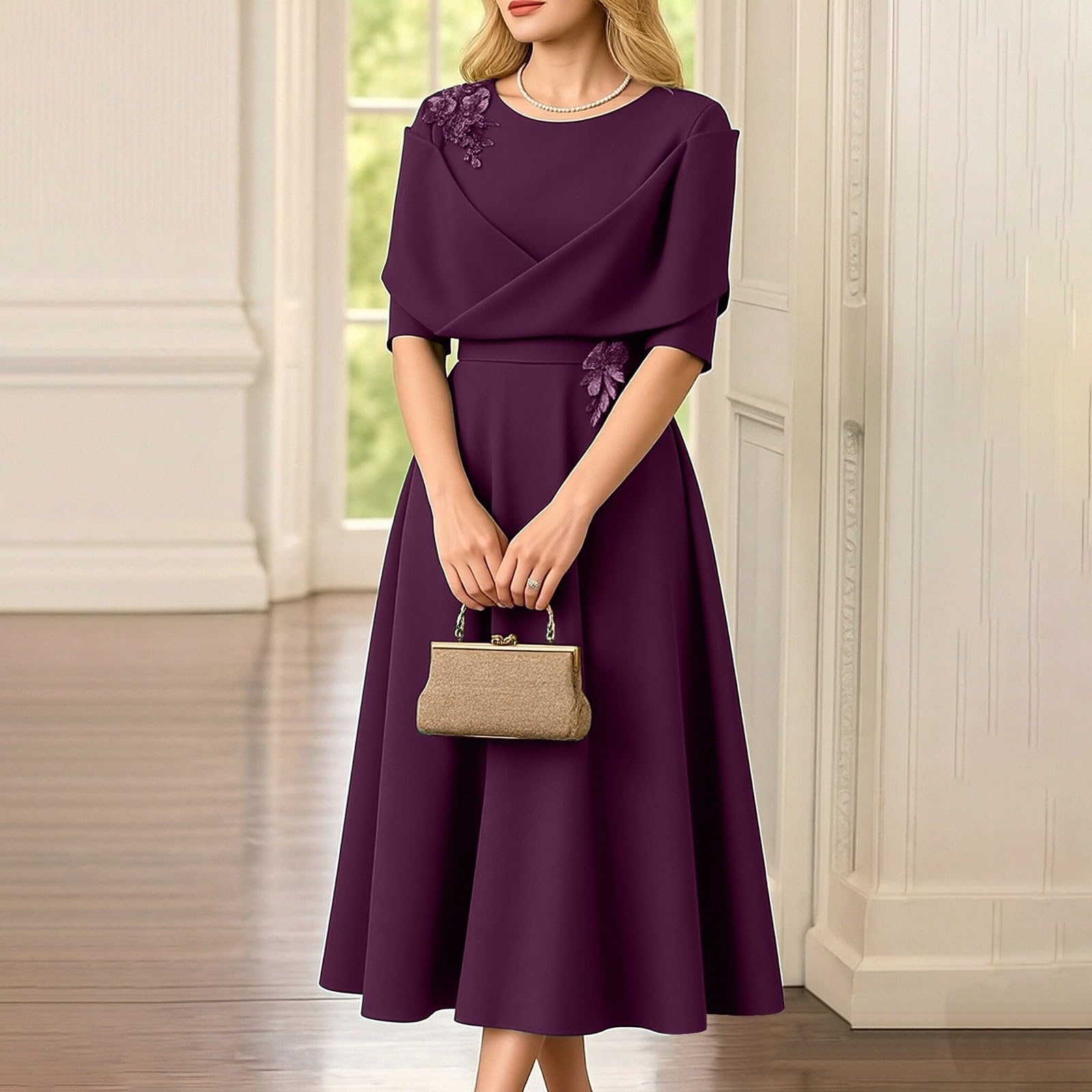 Elegancka dopasowana sukienka z krótkim rękawem - Panna Młoda / Pan Młody Midi :