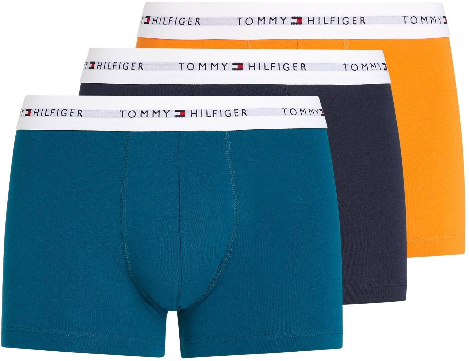 Tommy Hilfiger Herren 3er Pack Boxershorts Trunks mit Logobund, Mehrfarbig (Mid Turq/Orange Thunder/des Sky), S