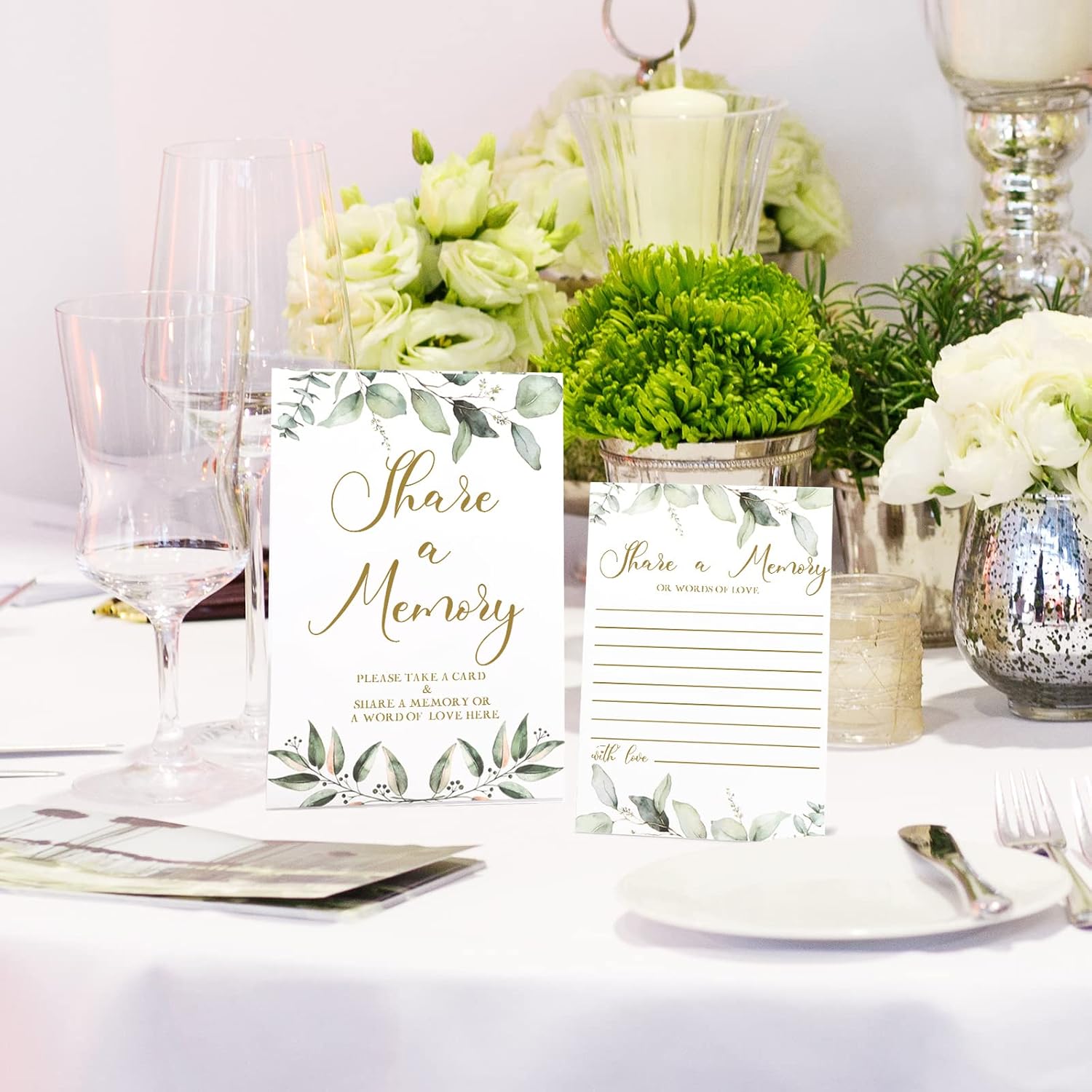Zonon 51 Pcs Share a Memory Cards and Greenery Seating Place Card Greenery Eucalyptus for Funeral, Graduation, Wedding, Bridal Shower, Birthday, Anniversary Party, Celebration of Life(Gold Font)