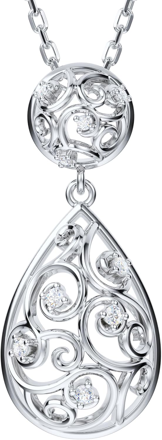 THELANDA Genuine Moissanite Sterling Silver 3D Filigree Water Drop Pendant Necklace, Adjustable 18-20 Inch Chain with Lobster Clasp, Elegant Fine Jewelry Gift for Women