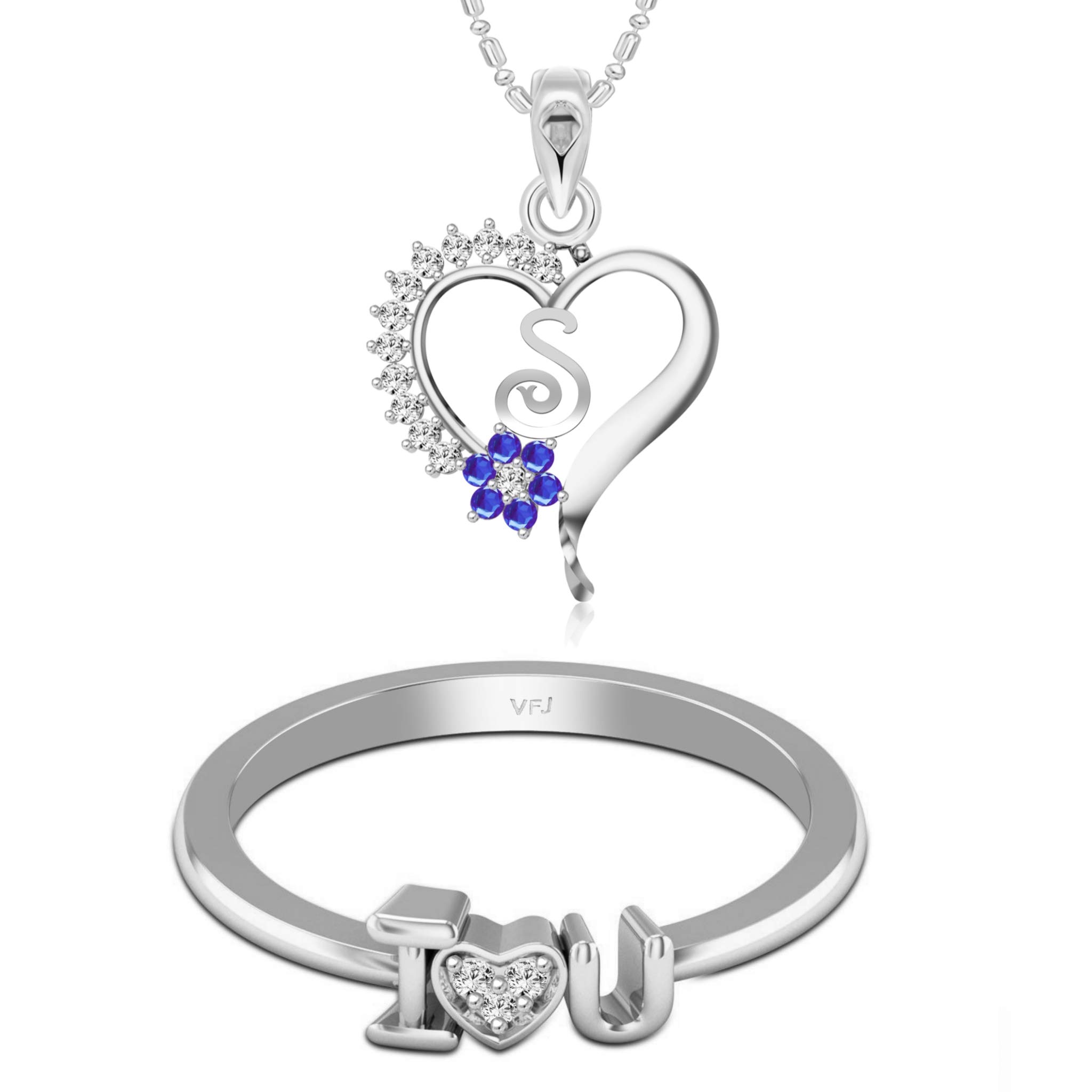 Vighnaharta Valentine Gift Ring with Alphabet Heart Pendant with Chain CZ Rhodium Plated Alloy Combo Set for Women and Girls- (VFJ1256PR-1474FRR)-image-11