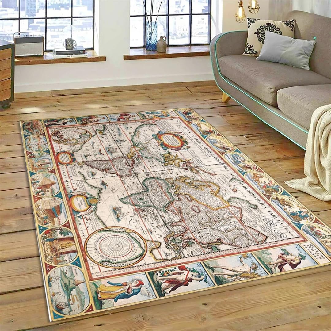 Alfombra con brújula y Mapa del Mundo náutico Retro 3D, Alfombra Antideslizante Lavable para habitación Infantil, Ideal para Escalar y Jugar.