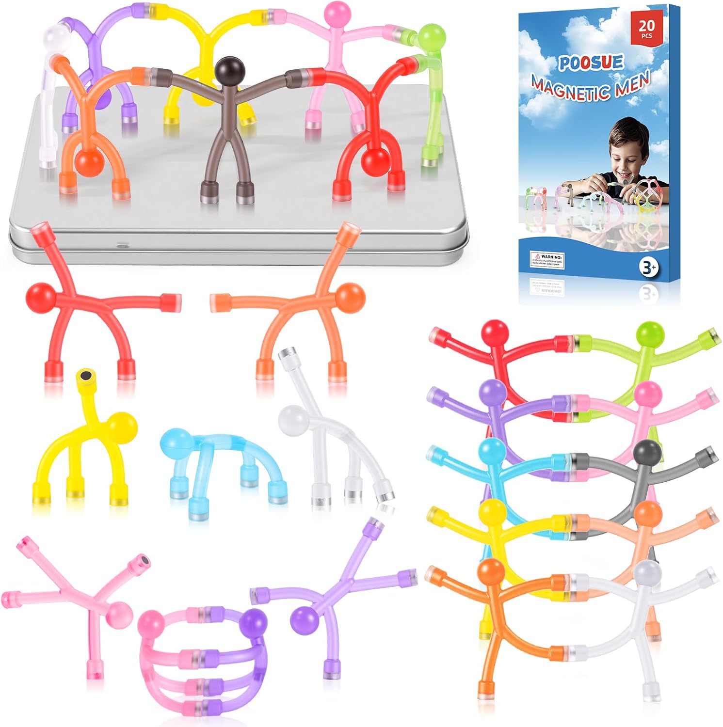 20Pcs Magnetic Men Figures Toys Set with Metal Storage Box, Portable Fidget Toys for Kids Travel, Road Trip Activities Airplane Car, Classroom Educational Games, Birthday Stocking Stuffers Gifts