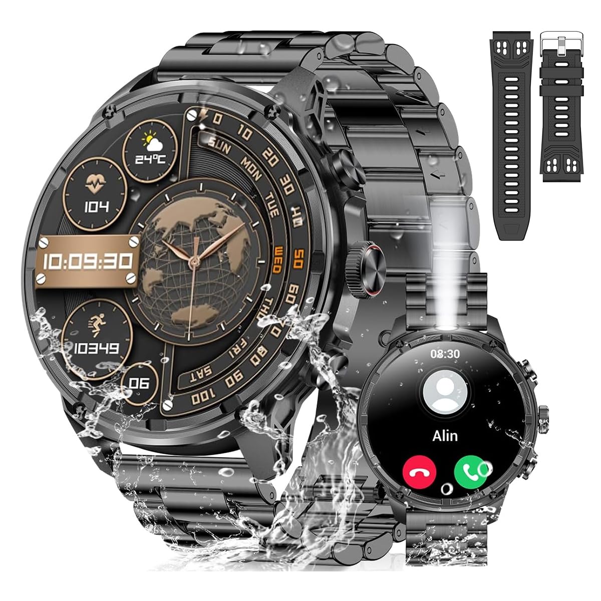 Rogbid Stahl Gear Men's Smartwatch with Phone Function 1.85 Inch AMOLED Smartwatch with Torch 120+ Sports Modes 730 mAh IP68 Waterproof Fitness Watch 