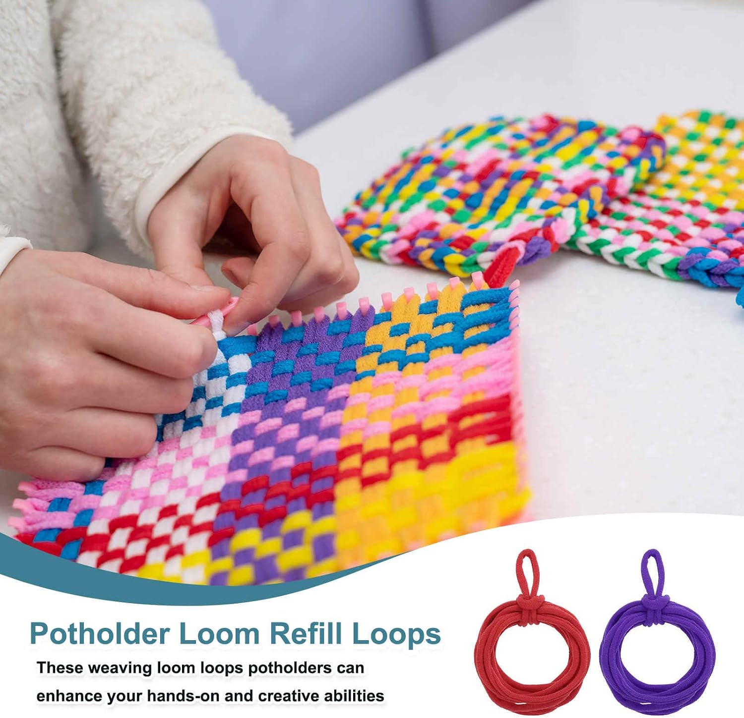 MECCANIXITY 96 Pcs Potholder Loom Refill Loops Set, Elastic Potholder Weaving Refill Loops Knitting Kit with 2 Crochet Hooks and 7" Weaving Loom for Girls Beginners DIY Crafts, 8 Colors
