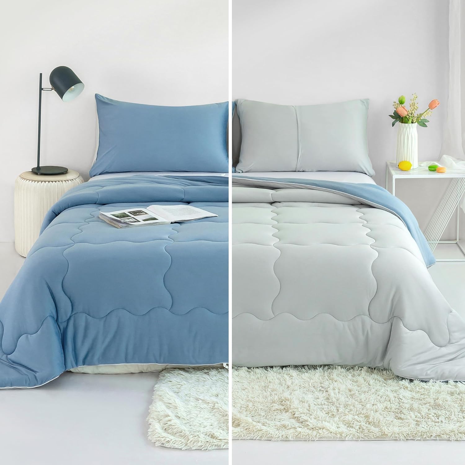 COTTEBED Reversible Blue and Light Gray Bed Comforter Queen Sets, Jersey Knit T-Shirt Feel Ultra-Soft Lightweight Breathable Cozy Bedding Down Quilt