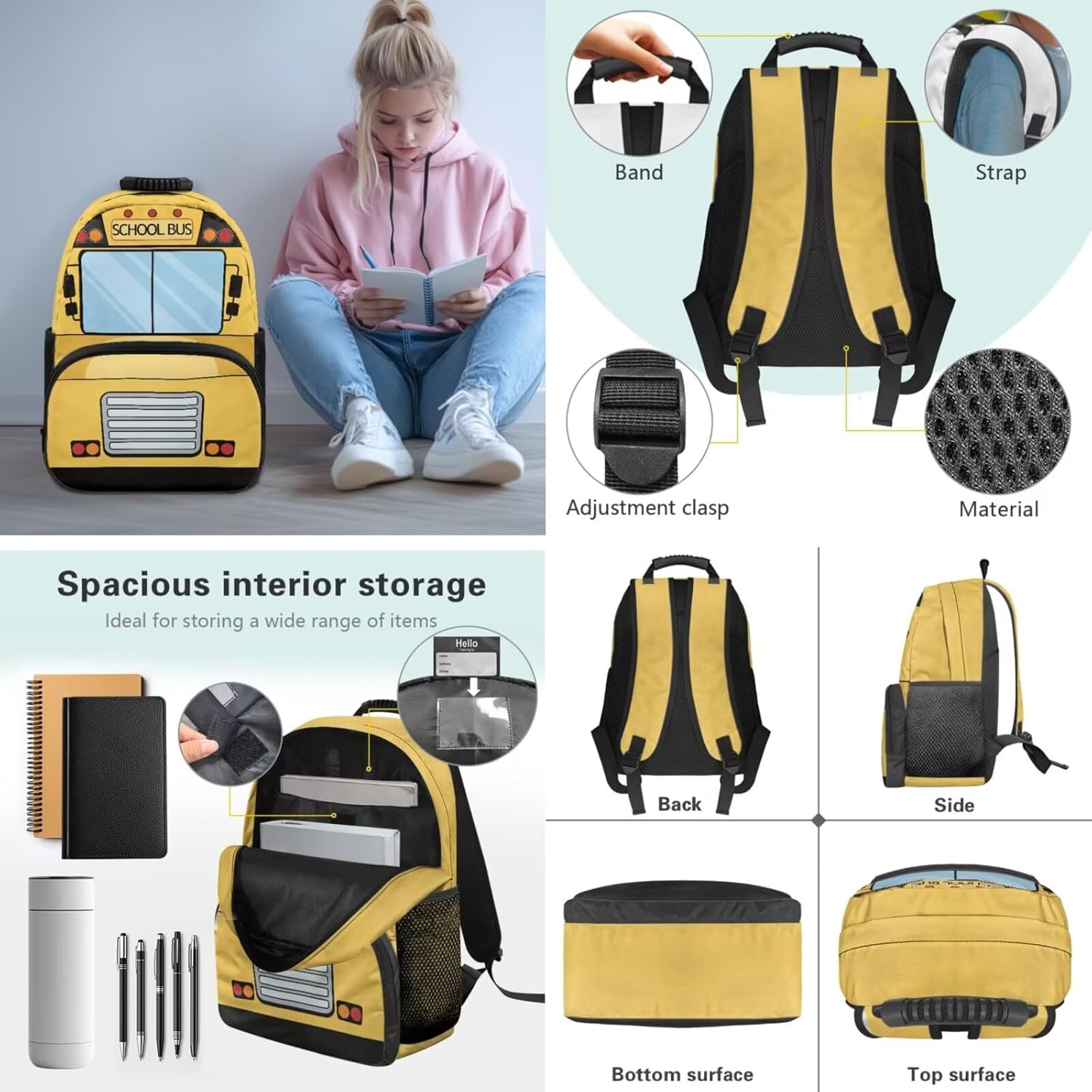 School Bus Kids School Backpack Set, Lightweight Elementary School Bookbags with Lunch Box and Pencil Case, 3 in 1 School Bag Travel Backpacks