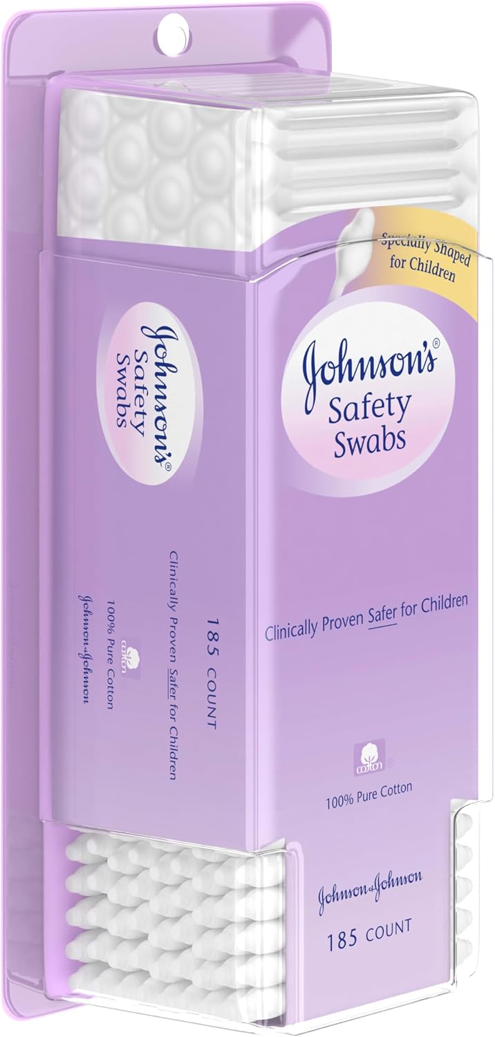 Johnson's Safety Ear Swabs for Babies & Children, 100% Pure Non-Chlorine Bleached Cotton for a Gentle Clean, Clinically Proven Safer Cotton Swab for Children with a Paper Stick, 185 ct image 2
