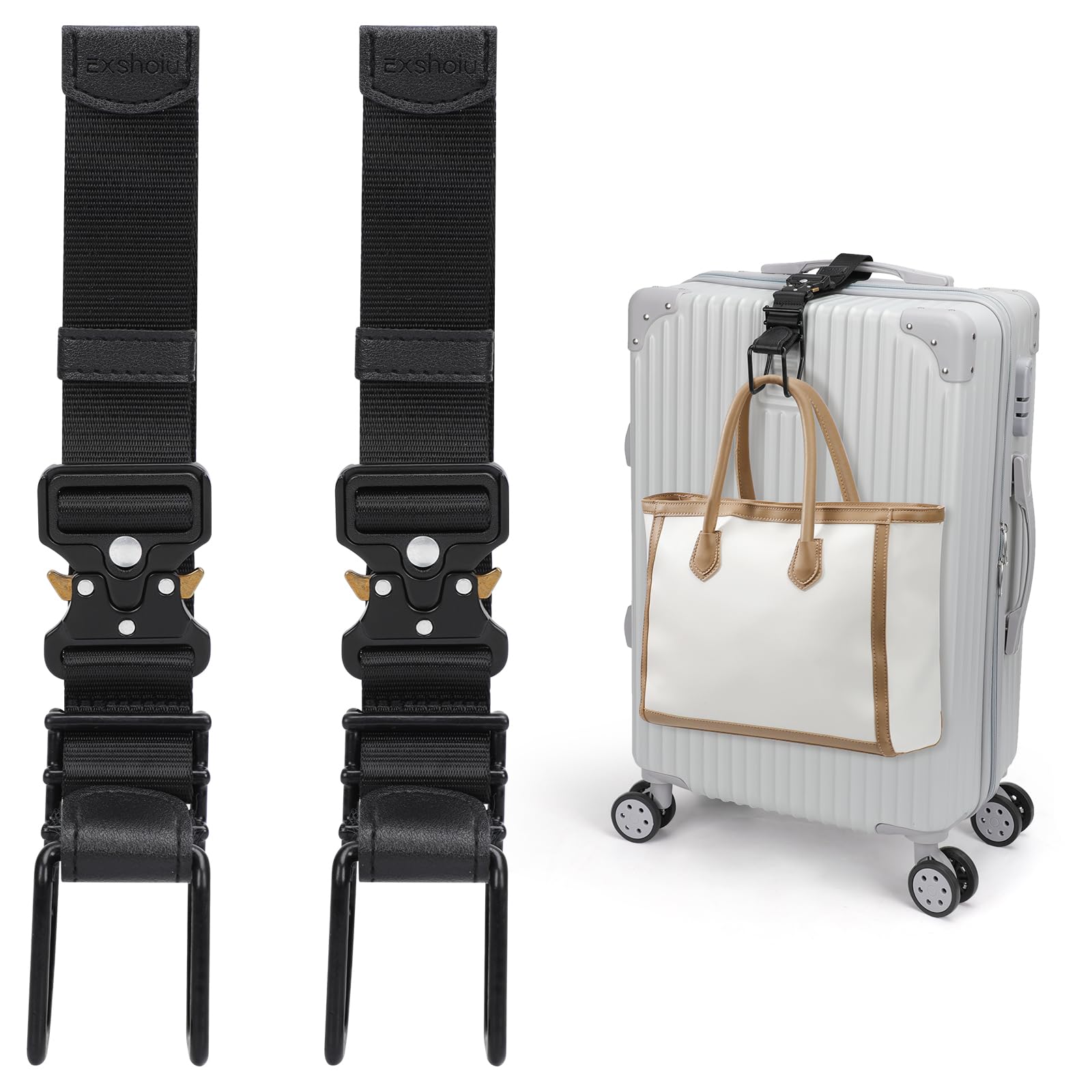 Lot de 2 sangles à crochet en J pour bagages avec mains libres, sangles réglables pour ajouter un crochet de sac (noir)