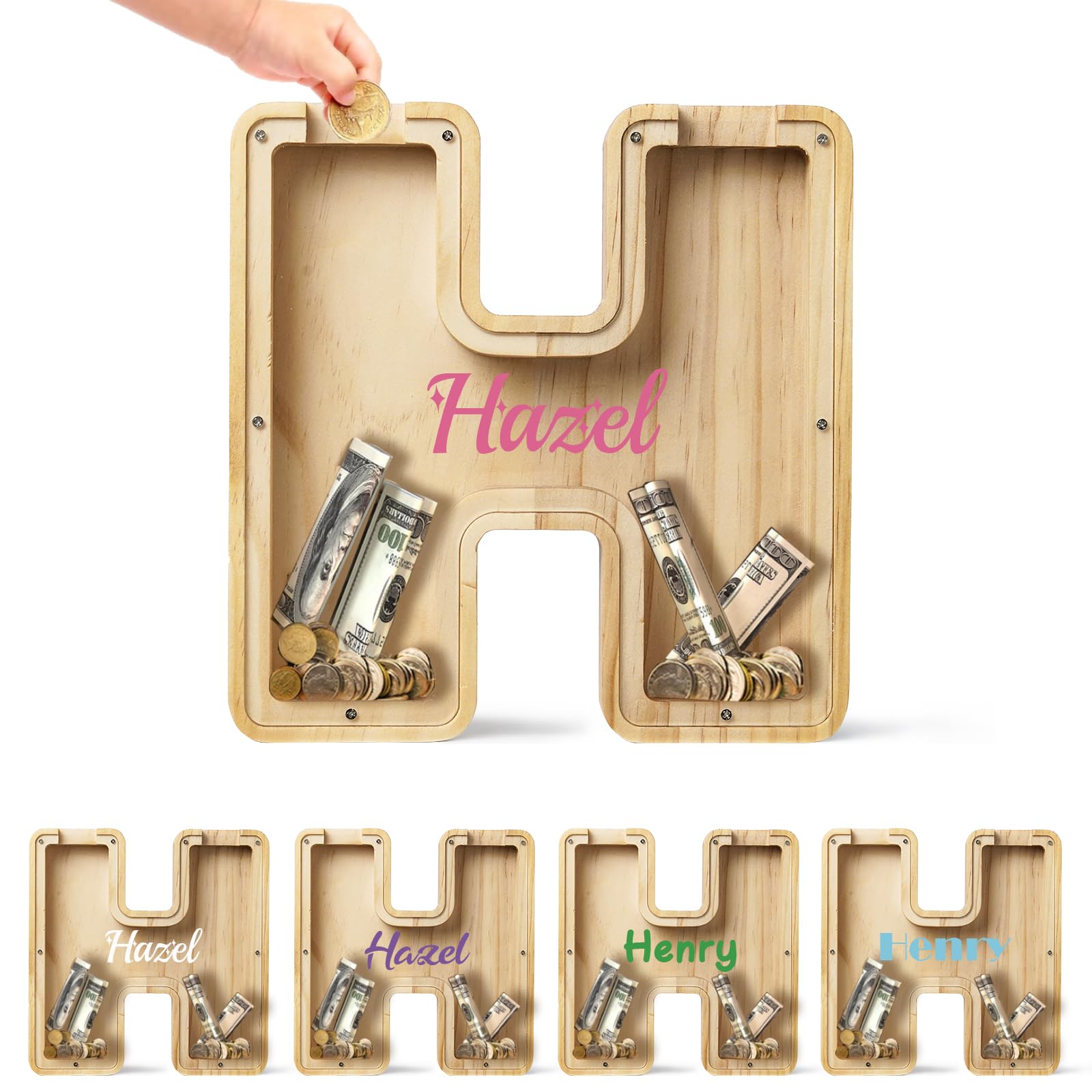 Bemaystar Personalised Letter-Money-Box，Wooden Initial Letters Piggy-Bank，Money Box, Personalised Gifts(H)