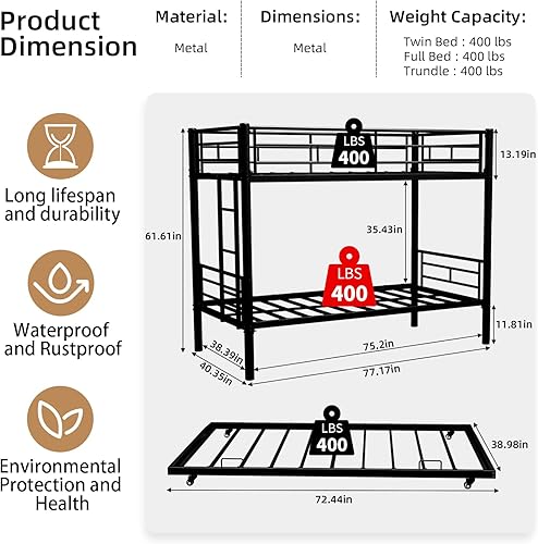 Miniatura 2 de Litera de metal individual sobre individual con nido, marco de literas resistentes con 2 escaleras laterales, barandillas y escaleras para niños,
