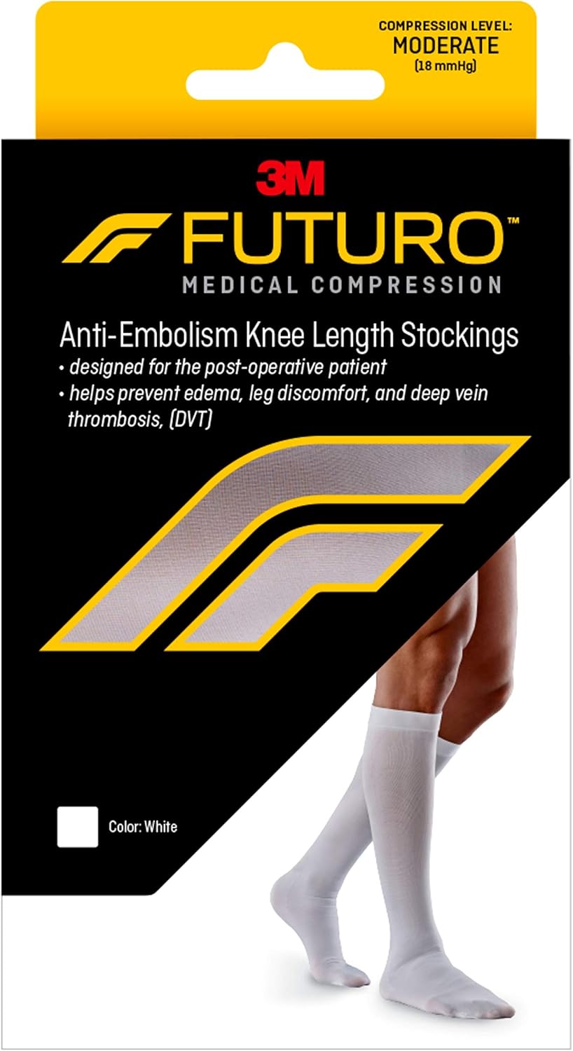 FUTURO Anti-Embolism Knee Length Stockings, Large Regular, White, Moderate (18 mm/Hg)