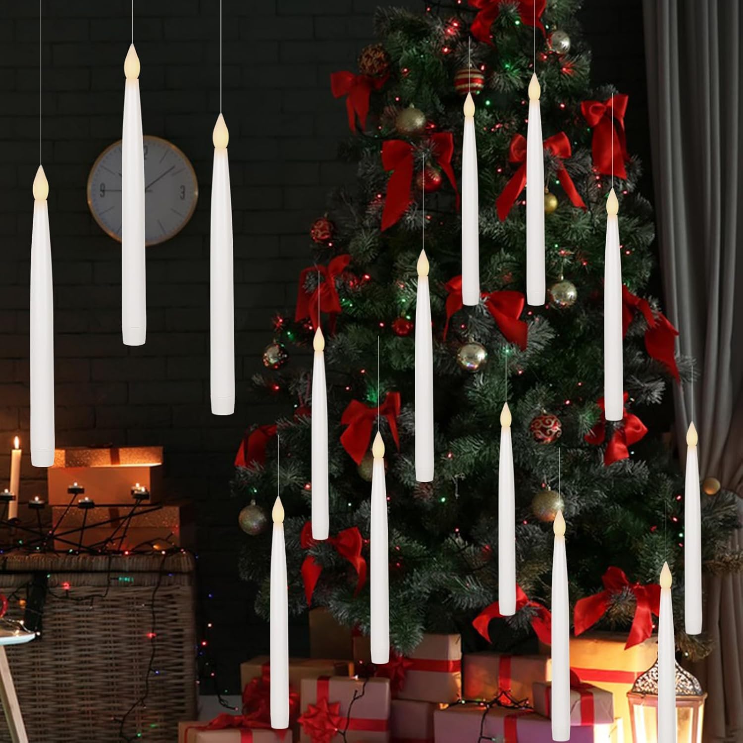 GenSwin 10.8" Floating Candles with Magic Wand Remote Timer, Flameless Taper Candles Flickering Battery Operated, LED Electric Hanging Window Candle Christmas Halloween Decorations(12 Pack, White) - Image 3