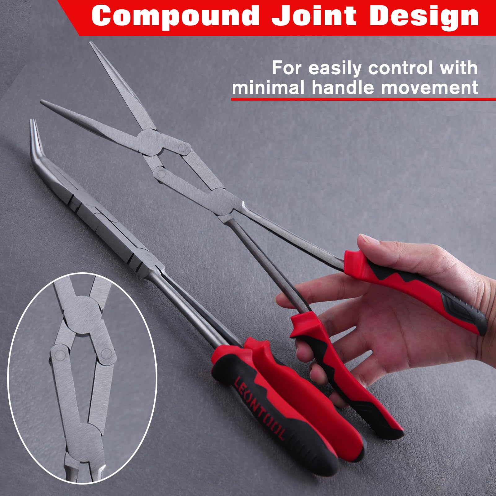 LEONTOOL Lot de 2 pinces à bec effilé droites et coudées à 45 degrés à double articulation - Pince à bec effilé extra longue avec mâchoire crantée