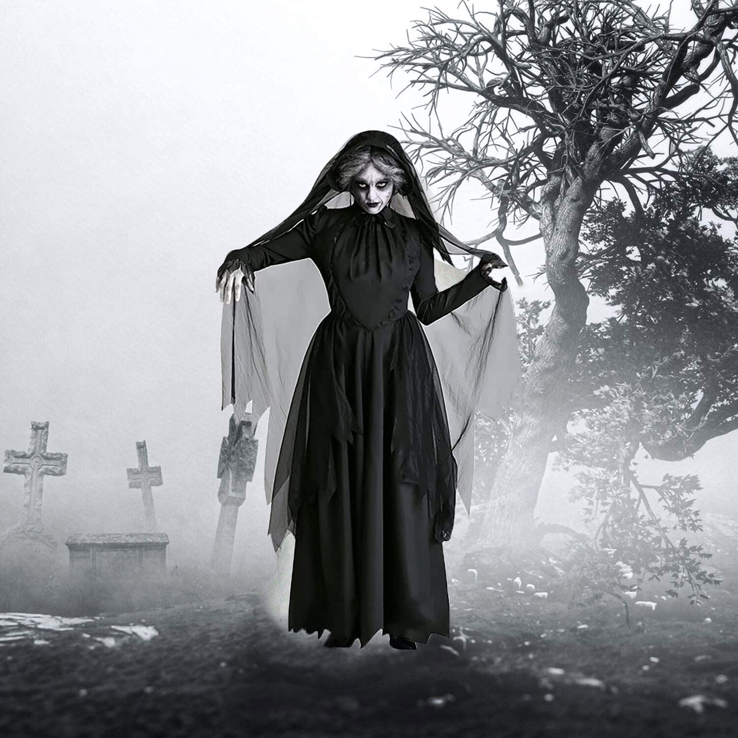 ITODA Halloween Ghost Bride Costume Full Length Corpse Bride Dress Black Gothic Vampire Outfit Zombie Wedding Dress Wicked Witch Cloak Halloween Haunted Ghost Fancy Cape - Image 3