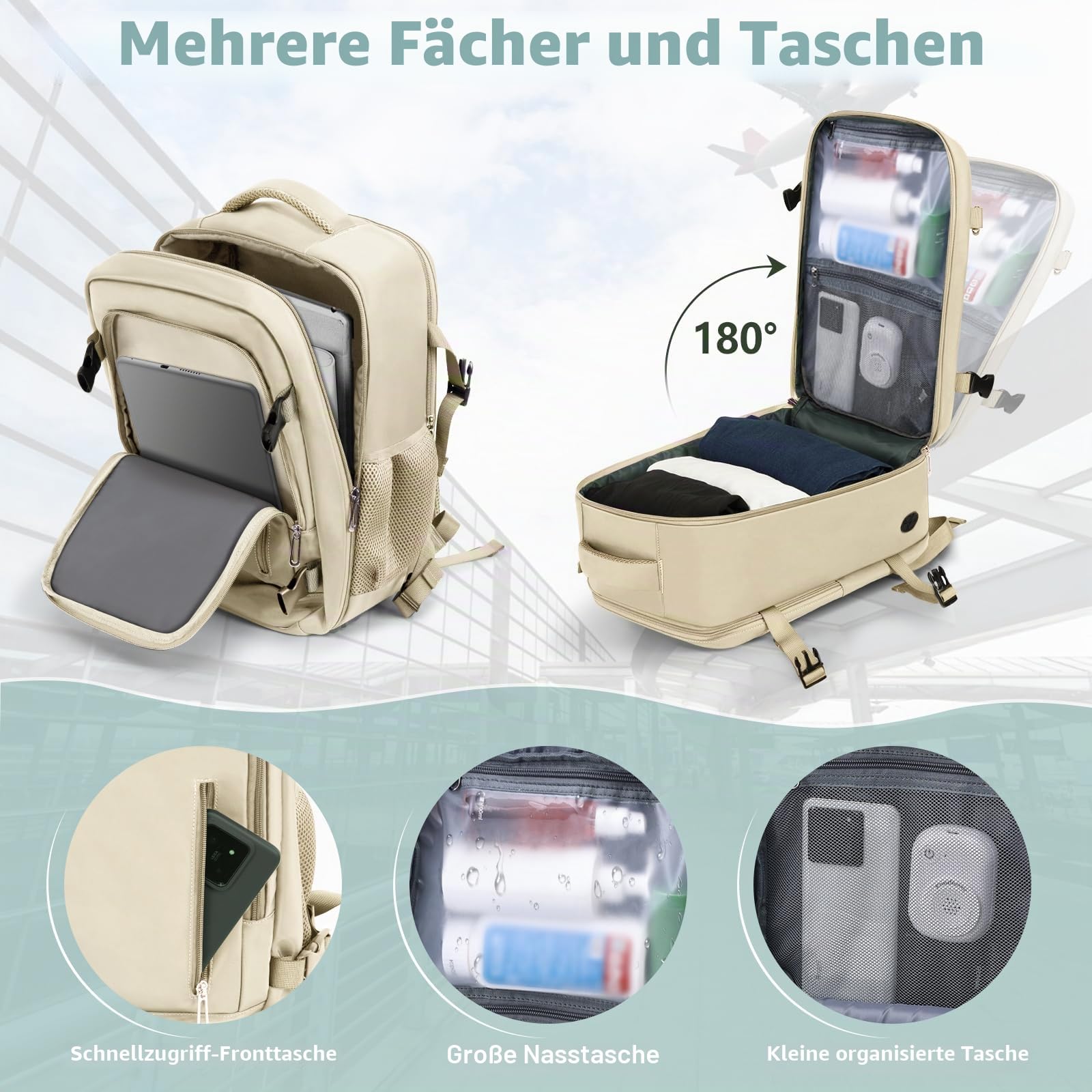 OTAHGK Handgepäck 40×20×25 für Ryanair Untersitz Reiserucksack 20L Wasserdicht Kabinentaschen Flugzeug Laptop Rucksack Lässiger Tagesrucksack Schule Büro Tasche-Beige - Image 3