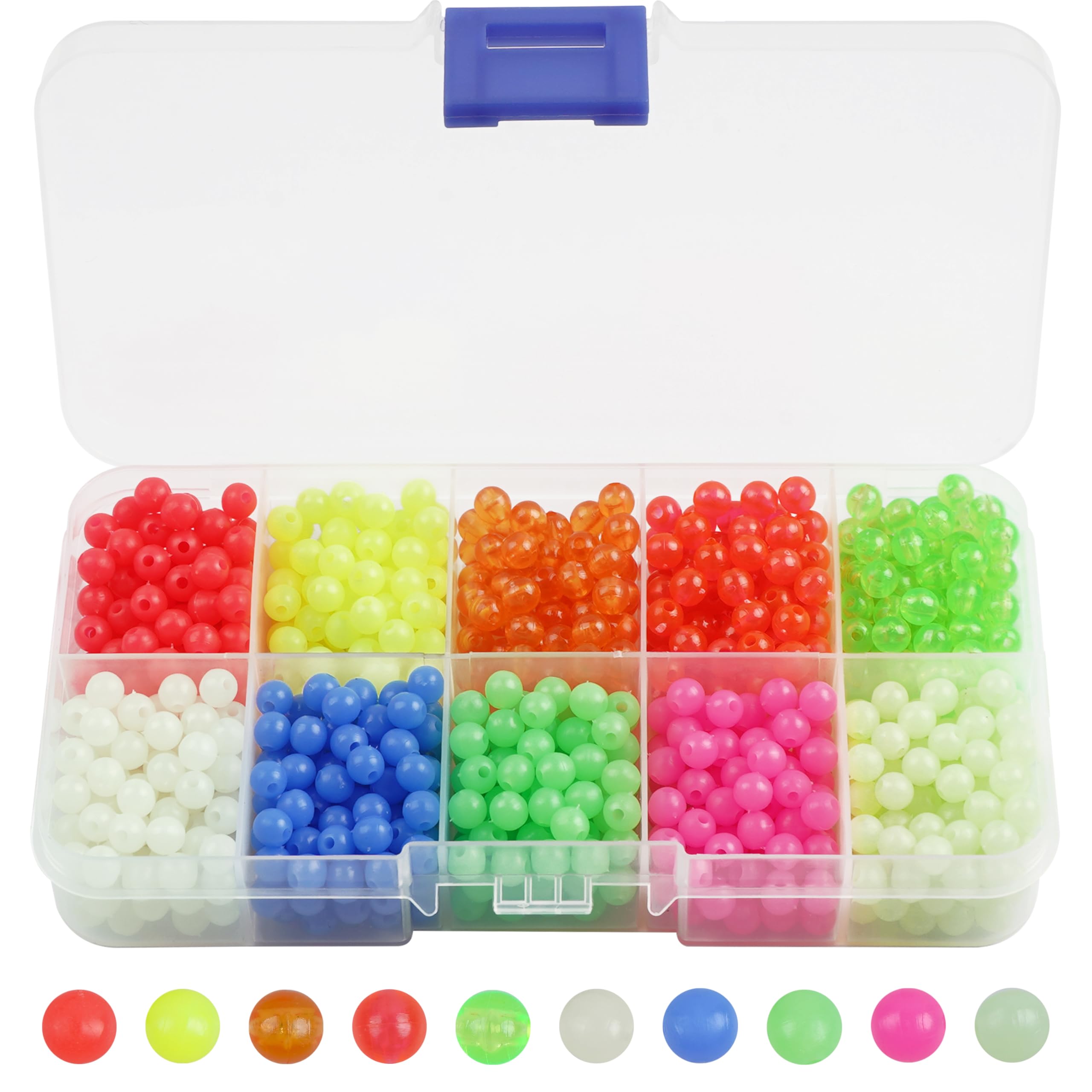 SILANON Fishing Beads Assortment Set,1000pcs 5mm Round Float Fishing Line Beads Glow Luminous Fish Beads Hard Plastic Fishing Rig Beads Saltwater Freshwater Salmon Trout
