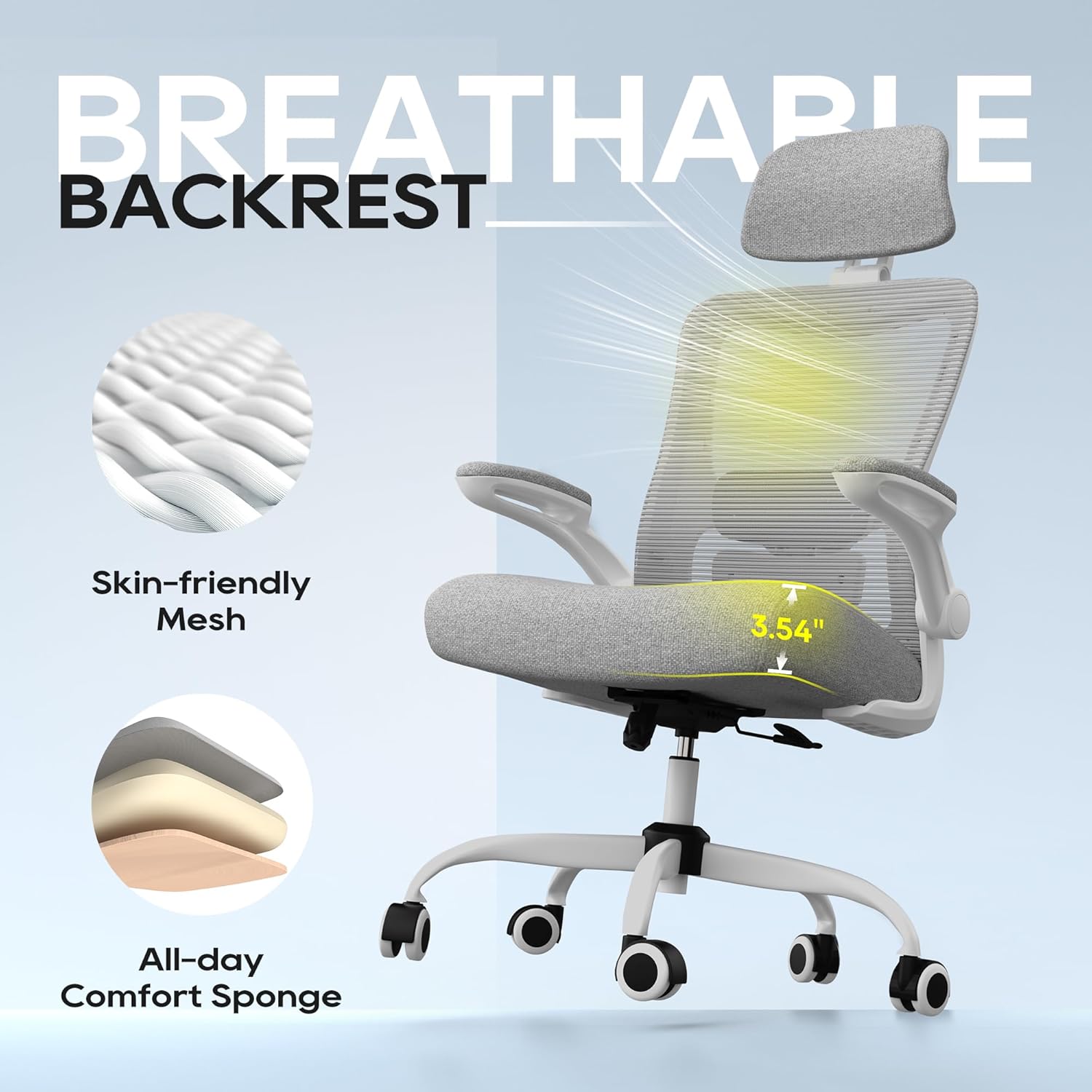 Office Chair, Ergonomic Mesh Desk Chair with Adjustable Lumbar Support and Headrest, Flip-up Armrests, High Back Computer Task Chair for Home and Executive Office (G-All Grey)