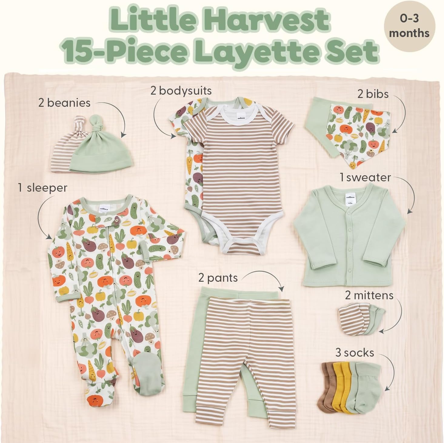 The Peanutshell 15pc Newborn Baby Clothes Boy Girl, 0-3 Baby Outfits Gift image 2