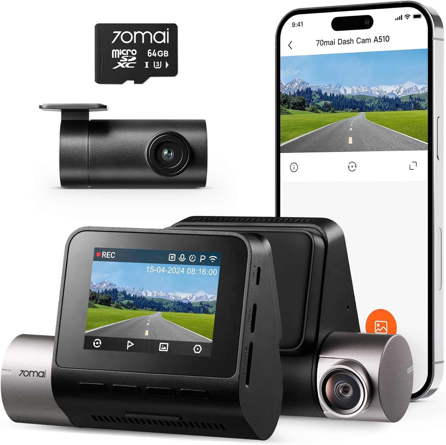 70mai Dashcam A510 para Auto (Delantera y Trasera), 2.7K 1944P + 1080P, STARVIS 2 con HDR Dual y Visión Nocturna,GPS, G-Sensor, ADAS, Grabación en Bucle, Control por App, Tarjeta SD de 64 GB Incluida