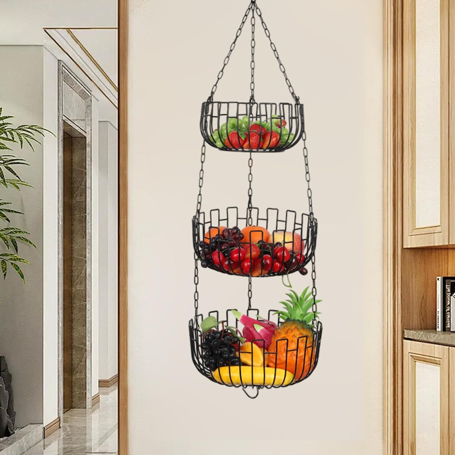 Hanging Fruit Basket, 3-Tier Metal Fruit Basket Hanging Space Saving Rustic Country Style Food Storage Organizers for Produce, Snacks, Planter.