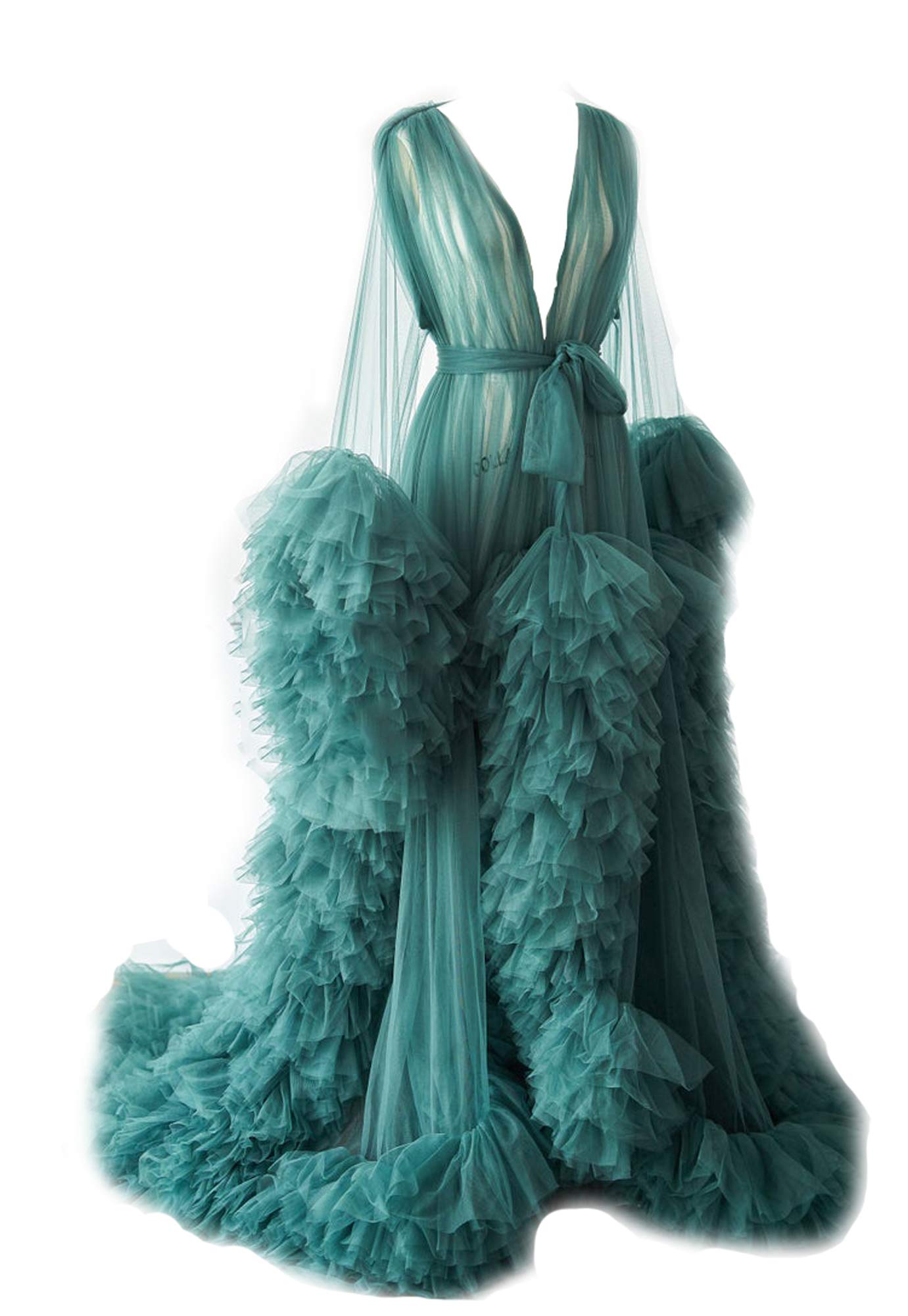 BATHGOWN Sexy Illusion Long Lingerie Tulle Robe Nightgown Bathrobe Sleepwear Bridal Robe Wedding Scarf
