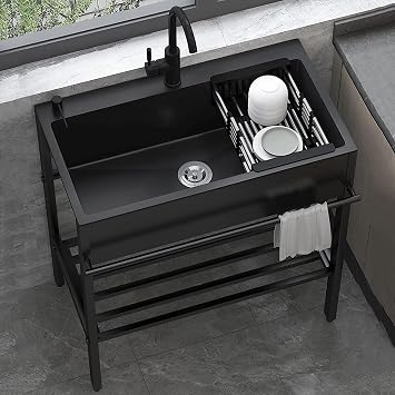 Stainless Steel Black Utility Single Bowl Sink, Laundry Room Sink,Commercial Restaurant kitchen sinks, with Hot and Cold Water Faucet, for Garage,Restaurant,Kitchen,Laundry Room,Indoor Outdoor  Size