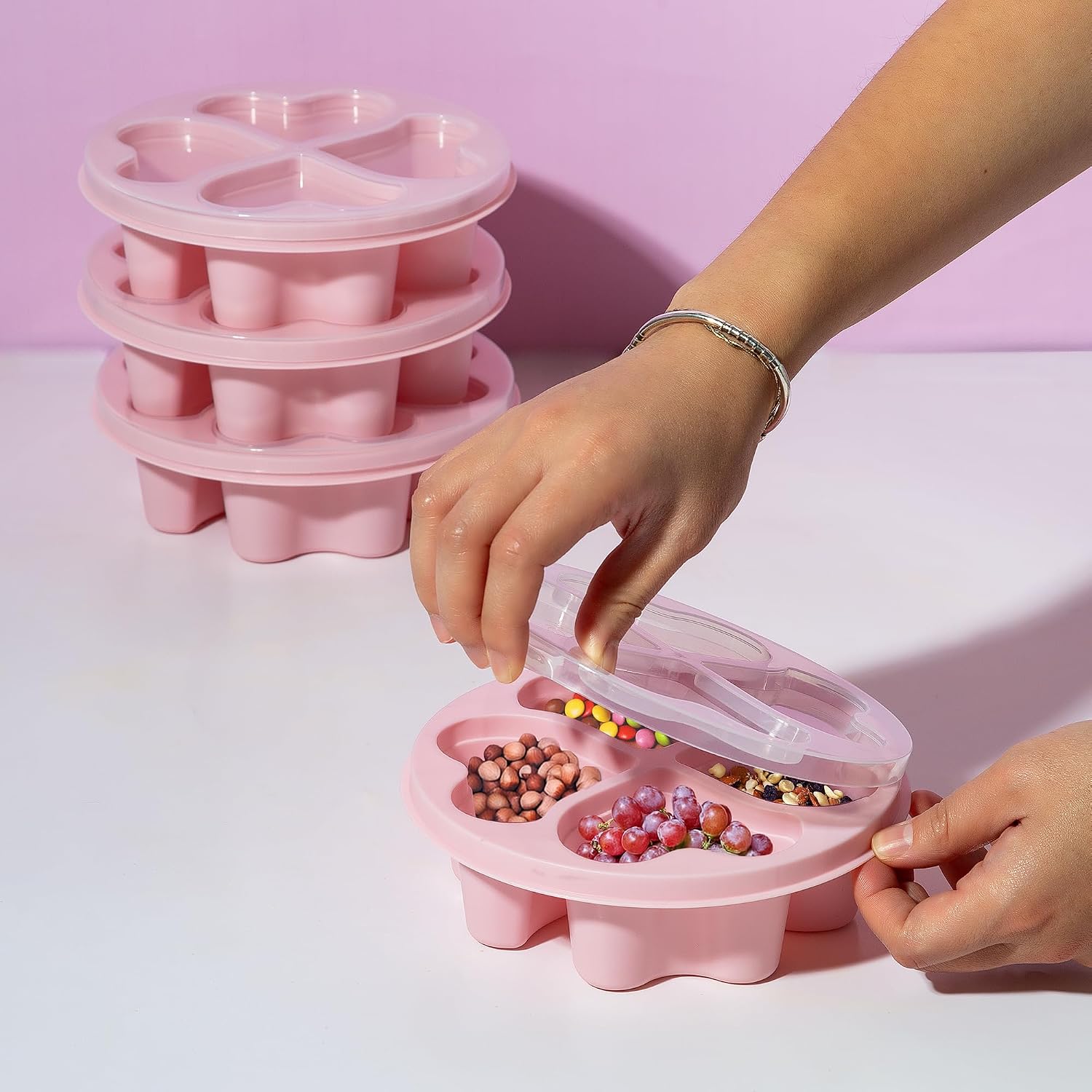 Paris Hilton Stackable Bento Snack Container Set, 4-Compartment Meal Prep Lunch Boxes with Press-Fit Lids, Microwave & Freezer Safe, 4-Pack, Pink