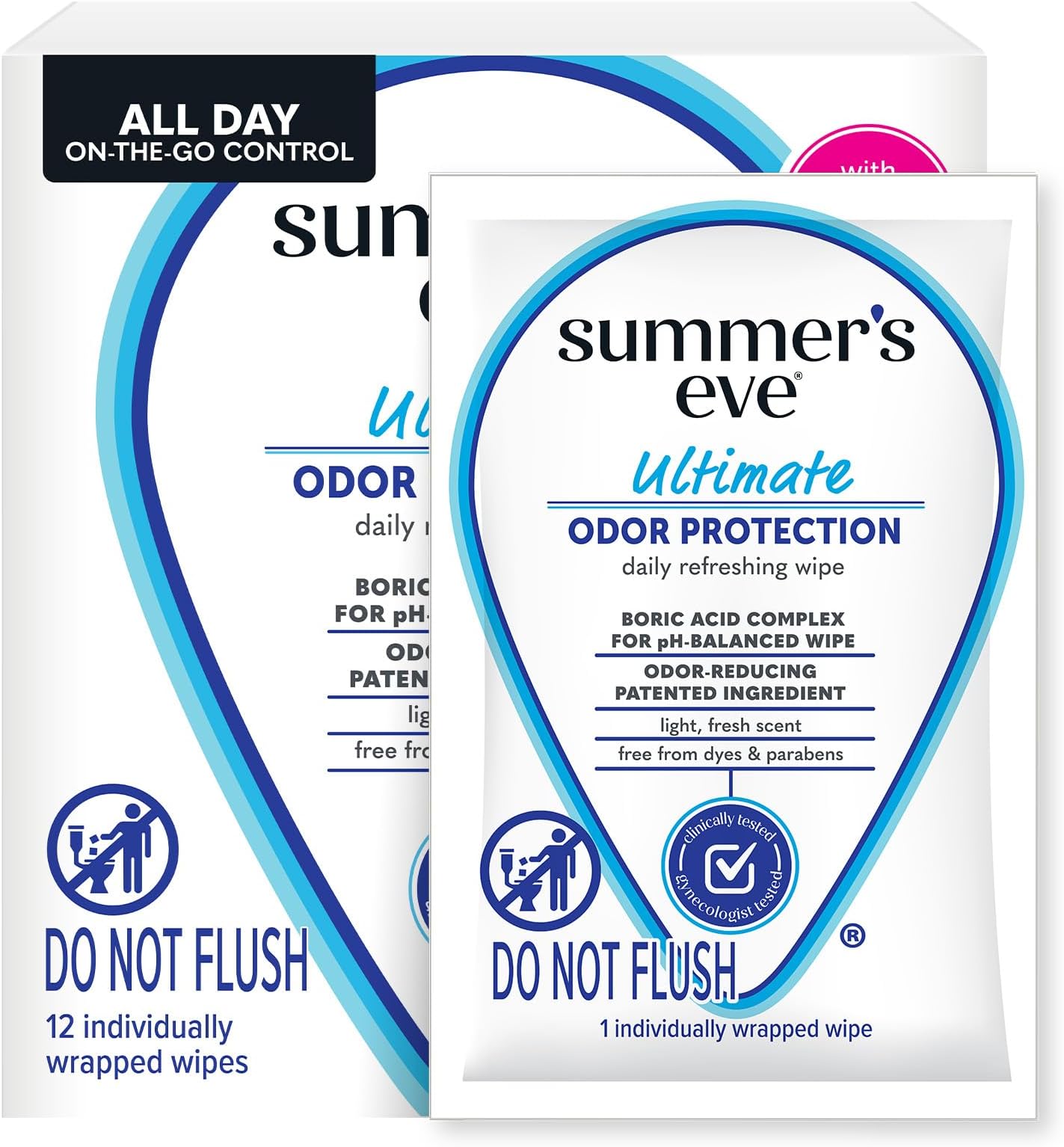 Ultimate Odor Protection Daily Feminine Wipes, Gentle pH-Balanced Formula with Boric Acid Cleanses & Removes l Odor, Individually Wrapped Body Wipes, 12 Count