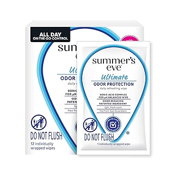 Summers Eve Ultimate Odor Protection Daily Feminine Wipes, Gentle pH-Balanced Formula with Boric Acid Cleanses & Removes Vaginal Odor, Individually Wrapped Body Wipes, 12 Count
