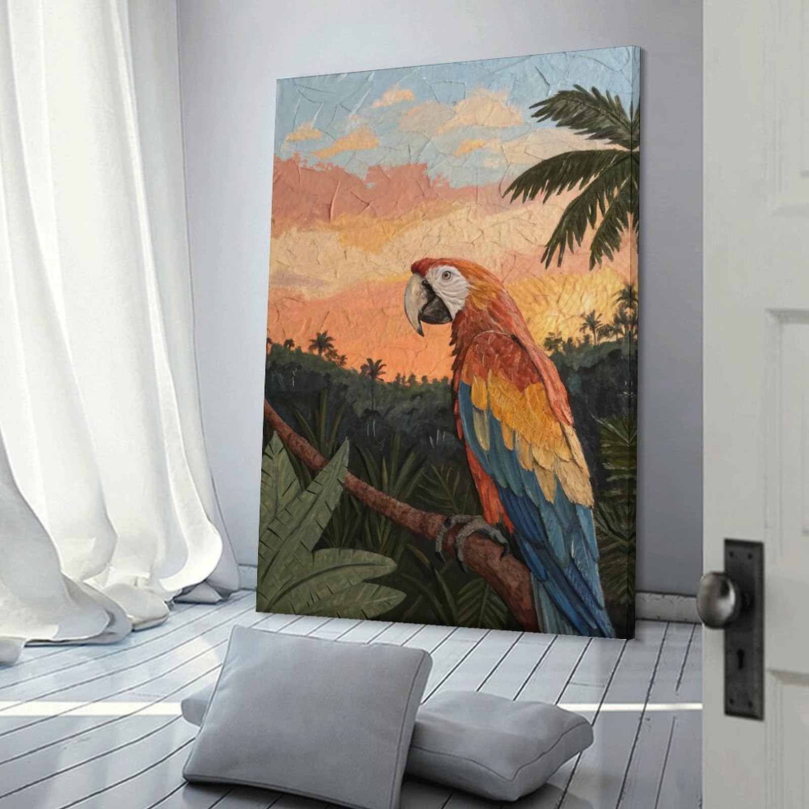 Junmoney Macaw Parrot in Tropical Sunset Room Decor Wall Art, 20x30inch(50x75cm), for Living Spaces, Bedrooms Or Relaxed Rooms, Canvas Styling for A Polished Room Look