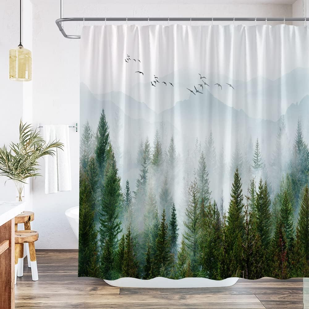 Misty Forest Shower Curtain Winter Fog Forest Rustic Foggy Scenic Rainforest Pine Tree Green Cool Natural Scenery Dream Landscape Decor Fabric Bathroom Set with Hook 84Wx70H Inch