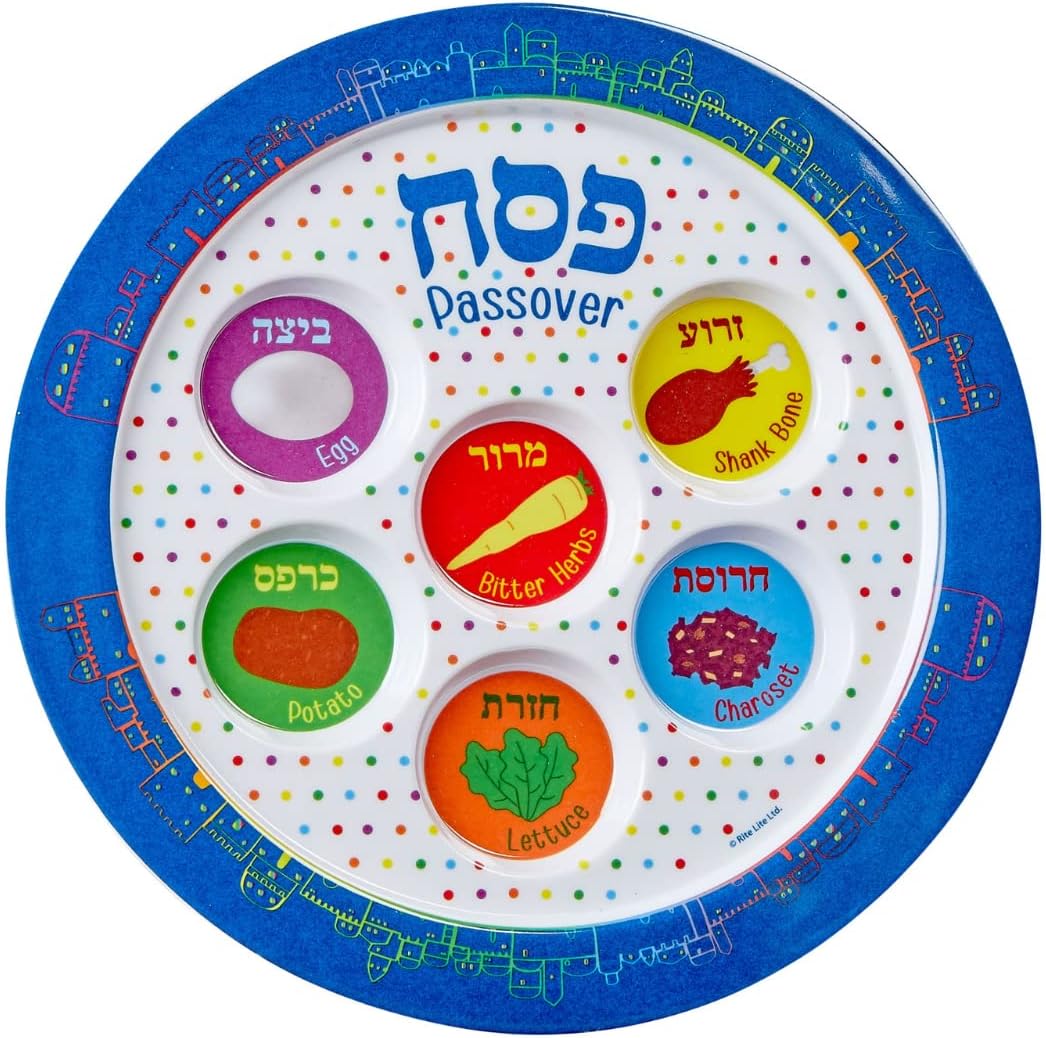 Rite Lite Melamine Jerusalem Seder Plate for Kids - 9" Stylish & Colorful Serving Dish, Passover Jewish Holiday Party Favors Pesach Seder Recipe & English Haggadah Traditional Judaism Decor Gifts
