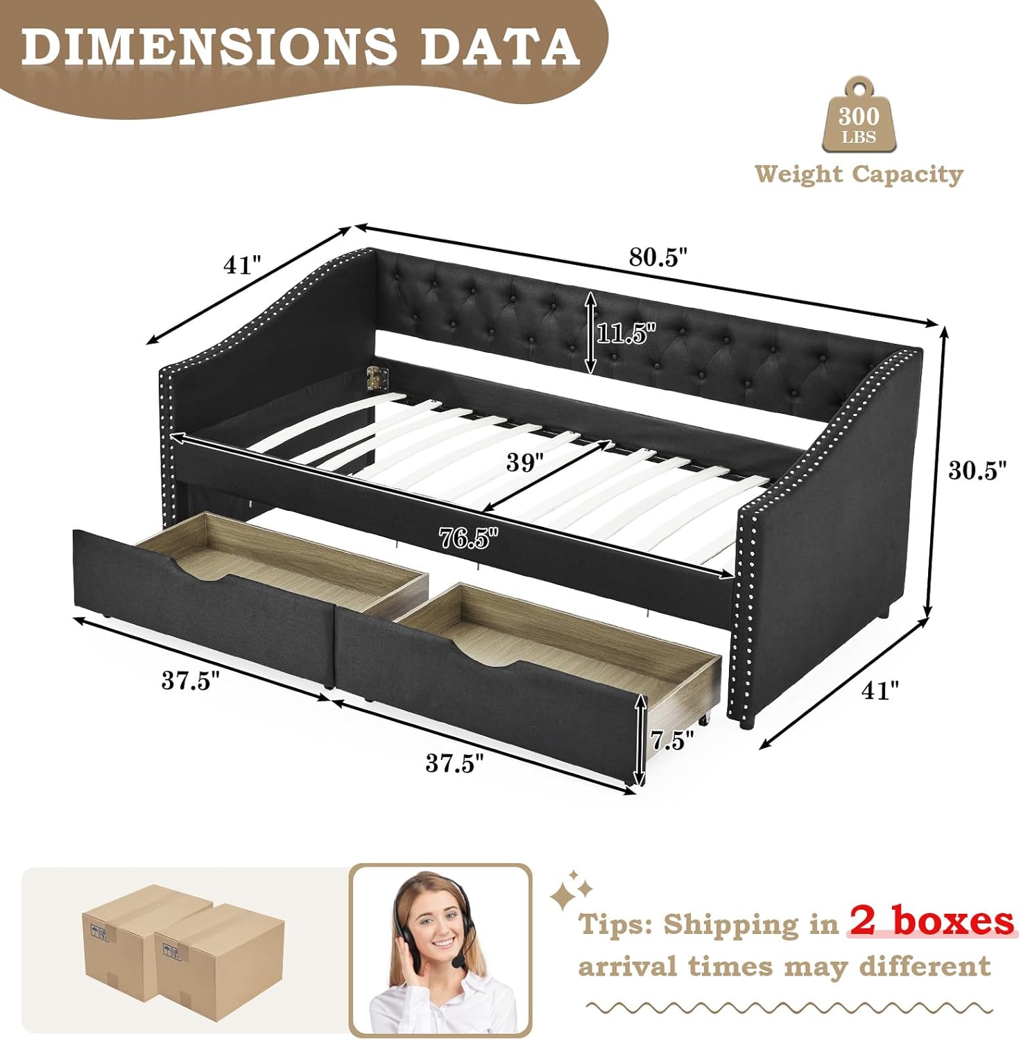 Daybed with Drawers, Modern Linen Upholstered Twin Size Day Bed Button-Tufted Sofa Daybed Frame with Double Drawers, No Box Spring Needed, Furniture for Bedroom Living Room Guest Room (Black, Twin)