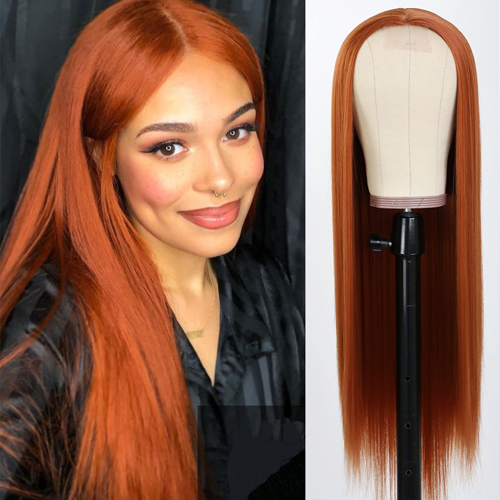 TaBeWayOrange Color Synthetic Hair Replacement Wigs Silky Straight Glueless Heat Resistant Synthetic No Lace Wigs for Fashion Women