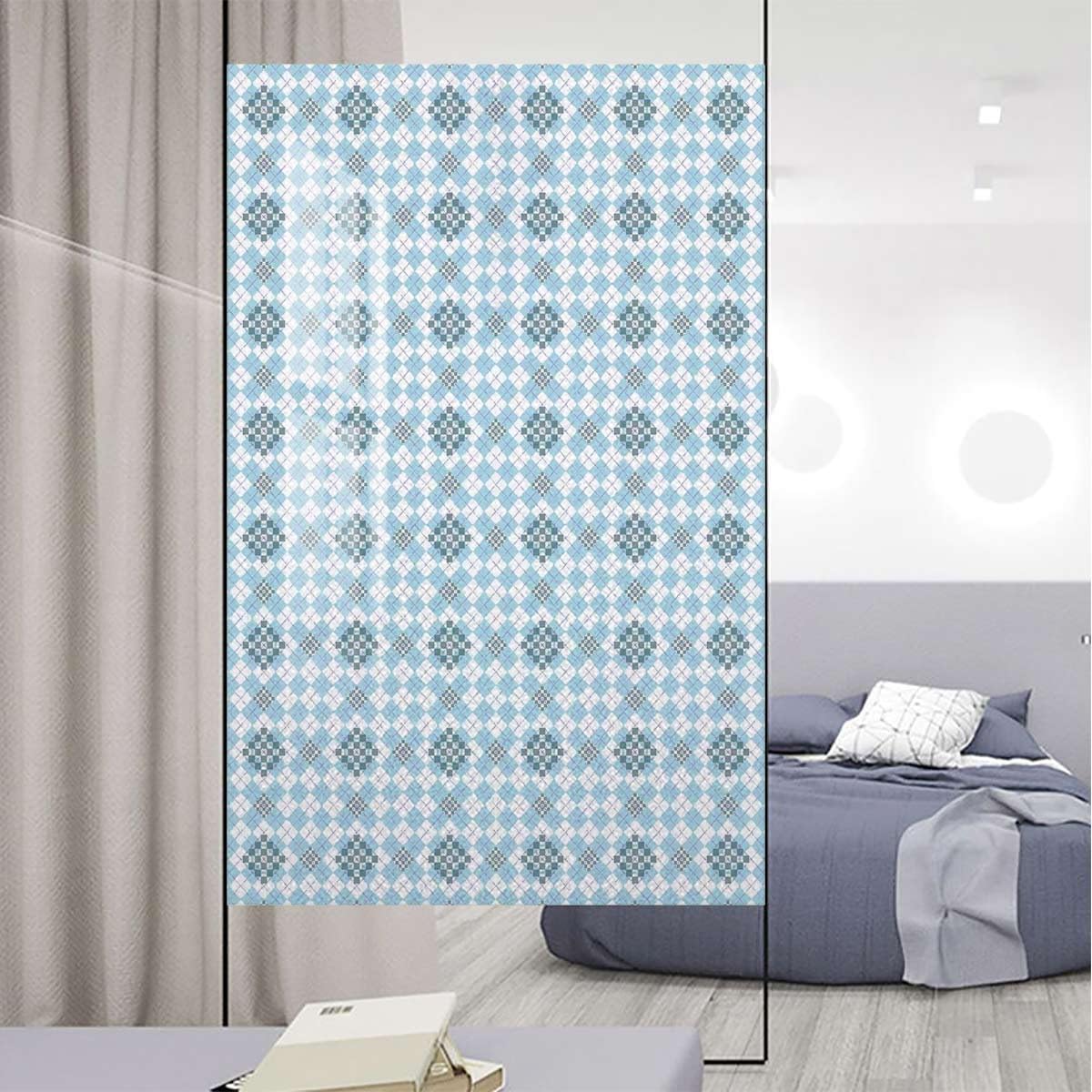 Blue White Privacy Window Film Frosted with Flowers and Diamonds Theme Privacy Window Film Removable Static Cling Window Film Stickers Geometrical 31.5Wx62.9L-inch