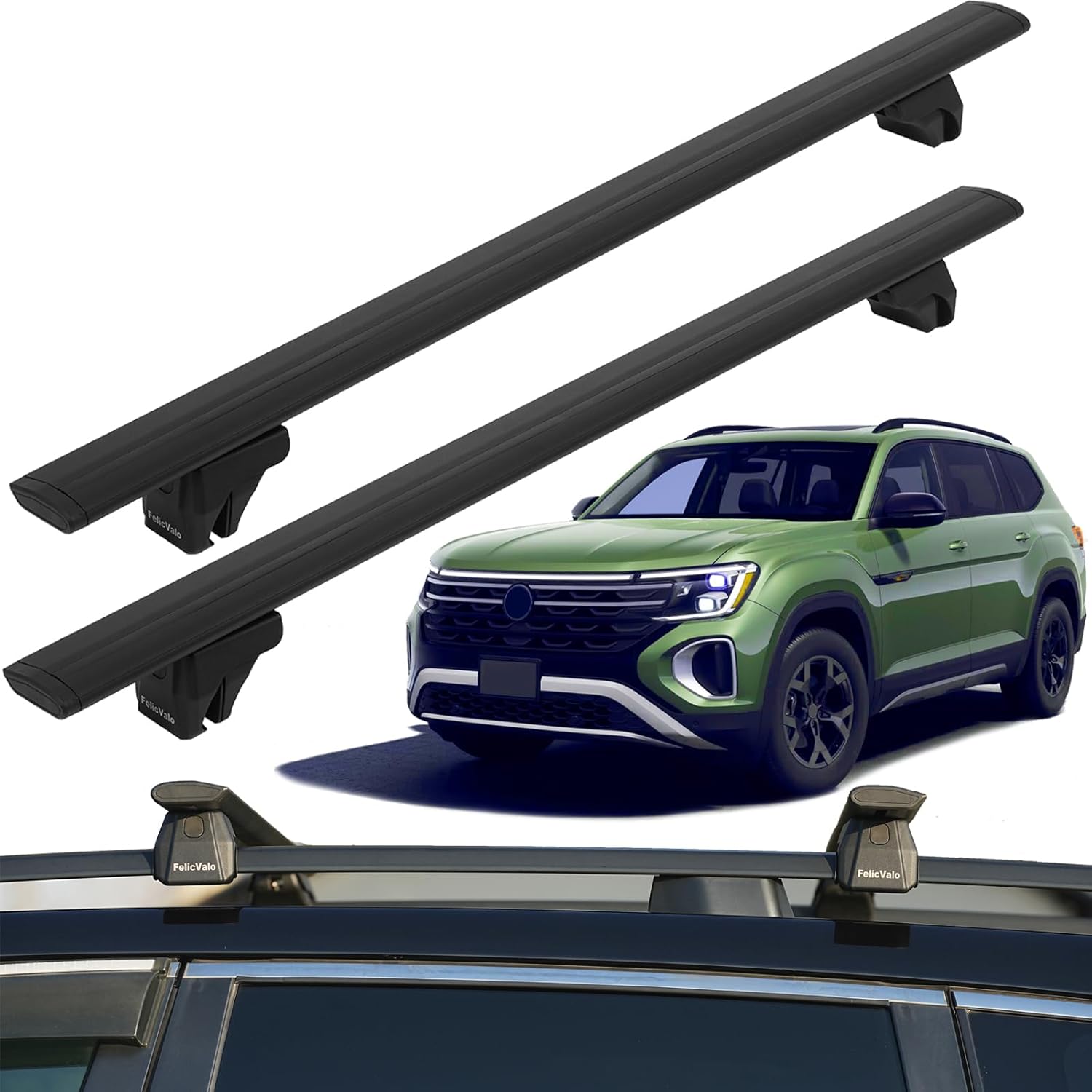 FelicValo 330lbs All-Metal Roof Rack Cross Bars for VW Atlas 2017-2026 with Raised Side Rails (Not for Atlas Cross Sport), Heavy Duty Aluminum Roof Rails, Extended Crossbars Without Lock