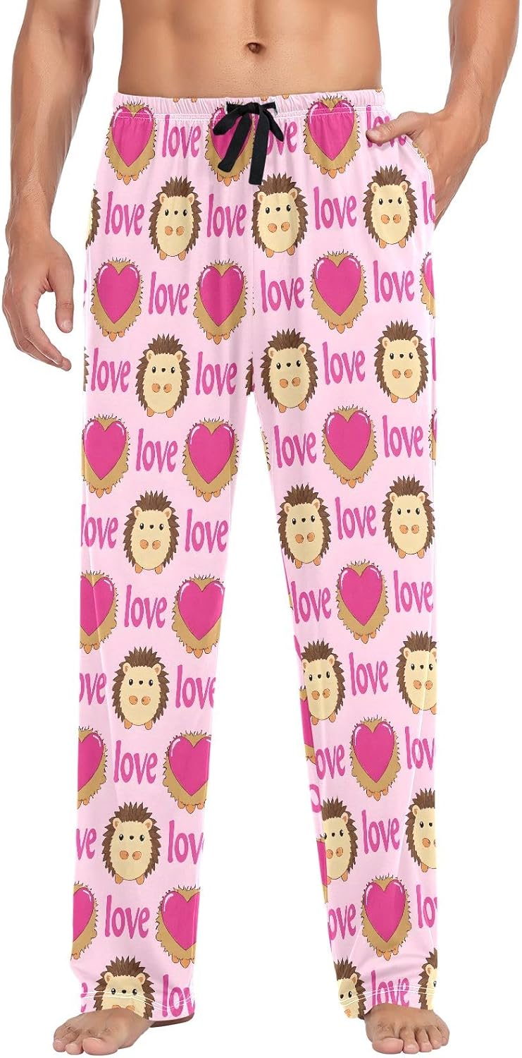 Men Pajama Pants Hedgehog Love Heart Pattern Lounge Comfortable Relaxed Sleepwear Bottom