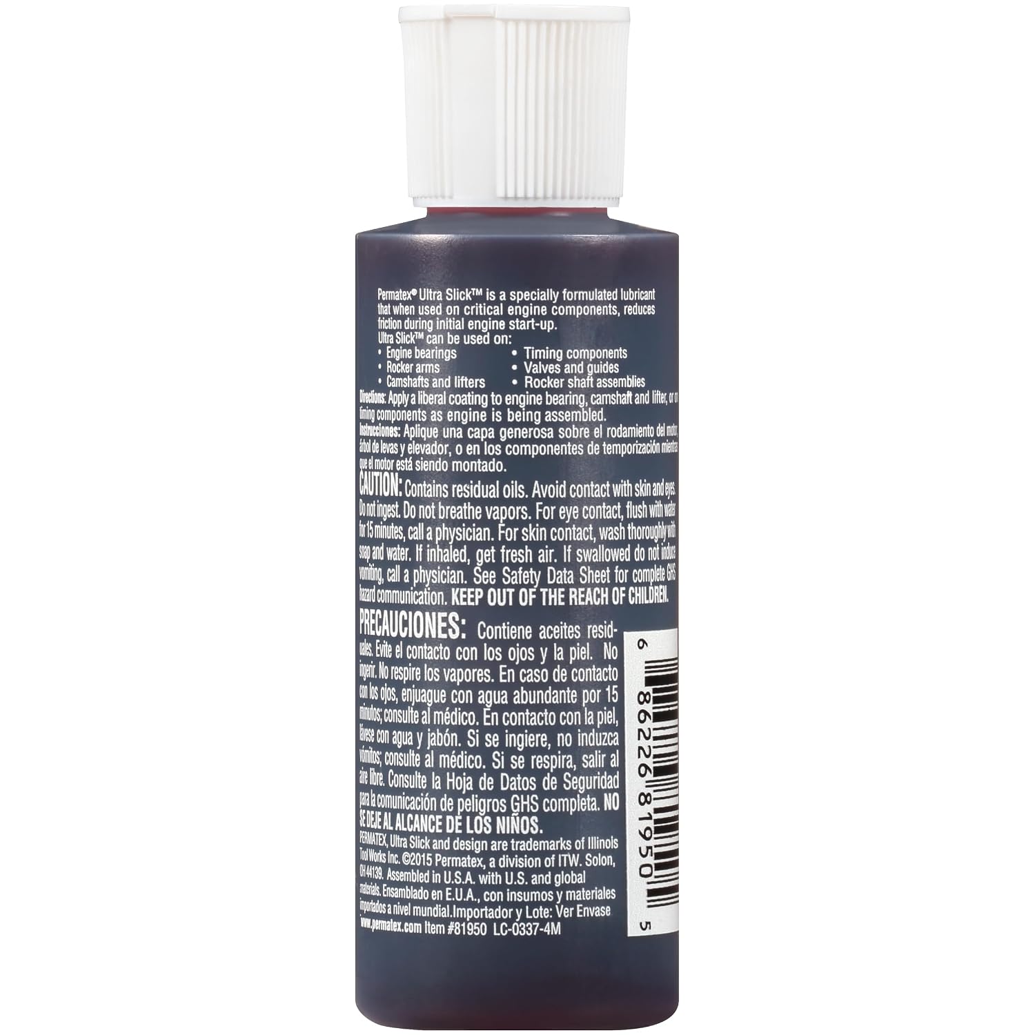 Back of Permatex Ultra Slick Engine Assembly Lube bottle with safety warnings