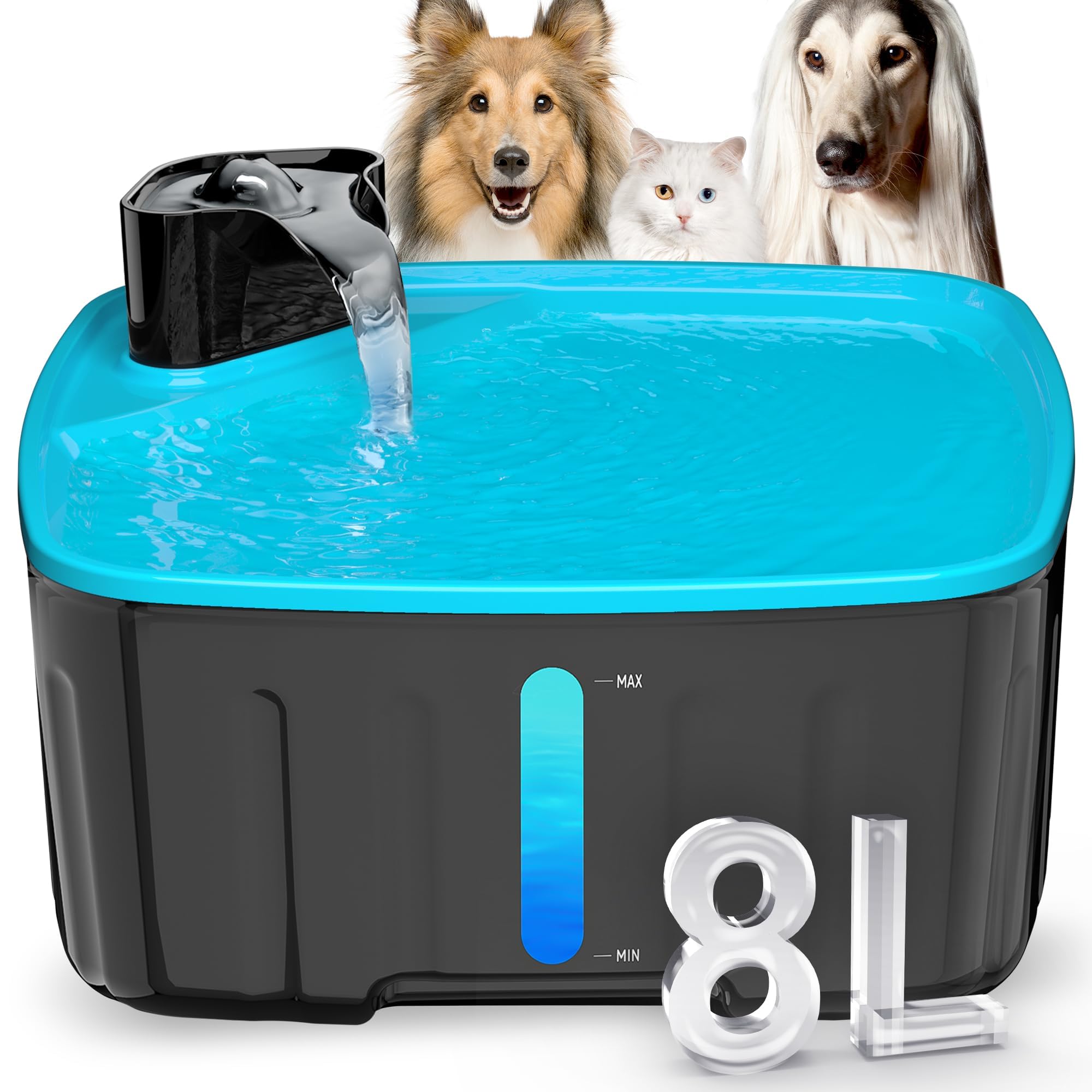 Hicuper Dog Water Fountain - 2.1GAL/8L/270oz Large Dog Water Fountain Bowl for Dog Inside,Dog Fountain with Water Level Window,LED Shortage Reminder, Quiet Pump,Water Fountain for Multiple Dog