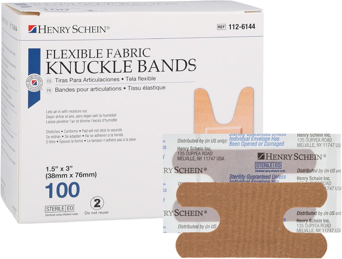 Henry Schein Fabric Adhesive Knuckle Bandages 1.5" x 3", Sterile, 100 Ct | Latex Free, Tan, Non-Stick Pad, Designed for Knuckle Wounds, 100 Count Box, Perfect for First Aid Kits, Home and Medical Use