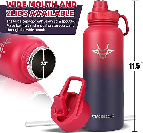 Miniatura 5 de STACEGEELE Botella de agua aislada de 40 onzas con pajilla, botella de agua de acero inoxidable 188 con 2 tapas, botella de agua de metal, termo