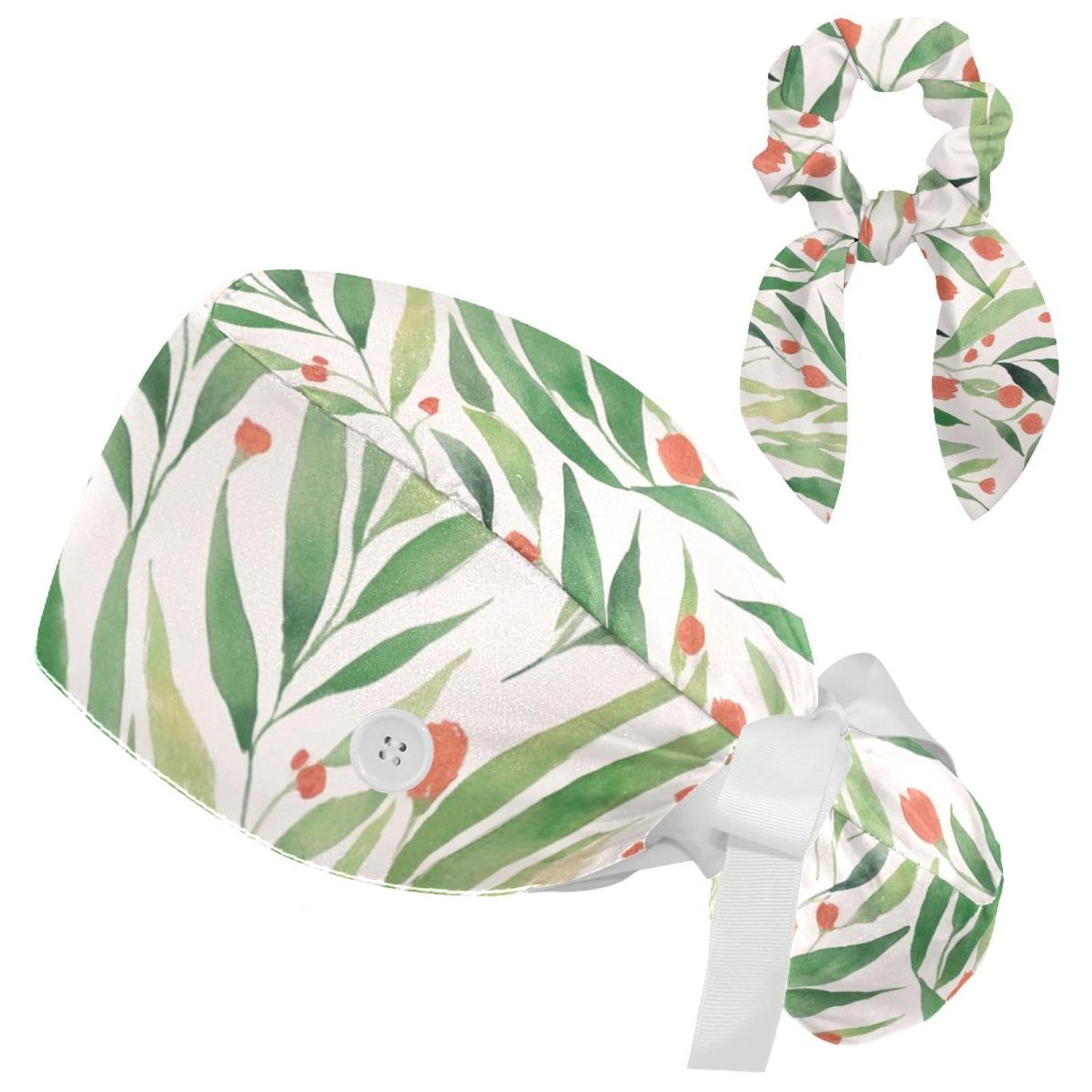 Scrub Caps Women, Adjustable Surgical Caps with Ponytail Pouch, Working Cap with Hair Scrunchy, Floral Tropical Summer Modern