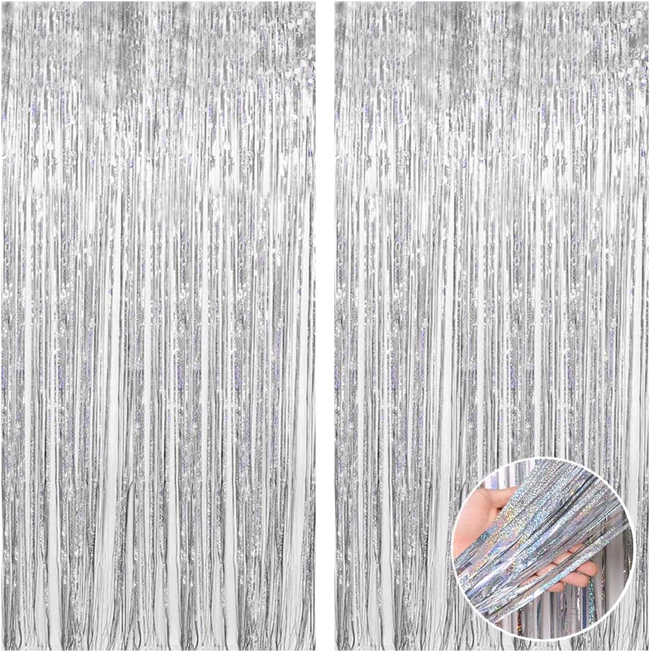 4 Pcs Silver Tinsel Foil Fringe Curtains Backdrop, Silver Streamer
