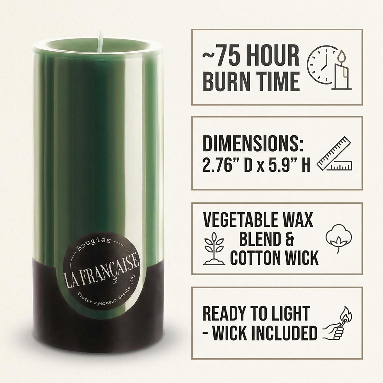 Bougies La Française Unscented Pillar Candle, Green, 5.9" | Made in Tunisia, Vegetable Wax, 2.76" Diameter × 5.9" Tall, Approx. 75-Hour Burn Time, Ready-to-Light Cotton Wick