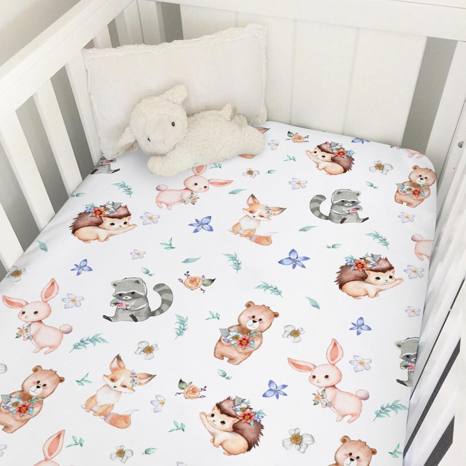 Watercolor Animals Spring Floral Baby Crib Sheets 52''x28'' Bear Raccoon Hedgehog Rabbit Snug Fitted Crib Mattress Cover for Boy Girl Soft Bed Sheet for Standard Crib & Toddler Mattress