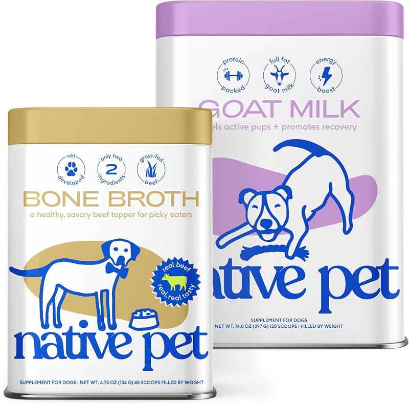 Leche de cabra en polvo para perros Native Pet (120 cucharadas) y caldo de hueso de res en polvo para perros (48 cucharadas) - Leche de cabra orgánica para apoyar un sistema digestivo saludable y caldo de hueso de res en polvo rico en proteínas